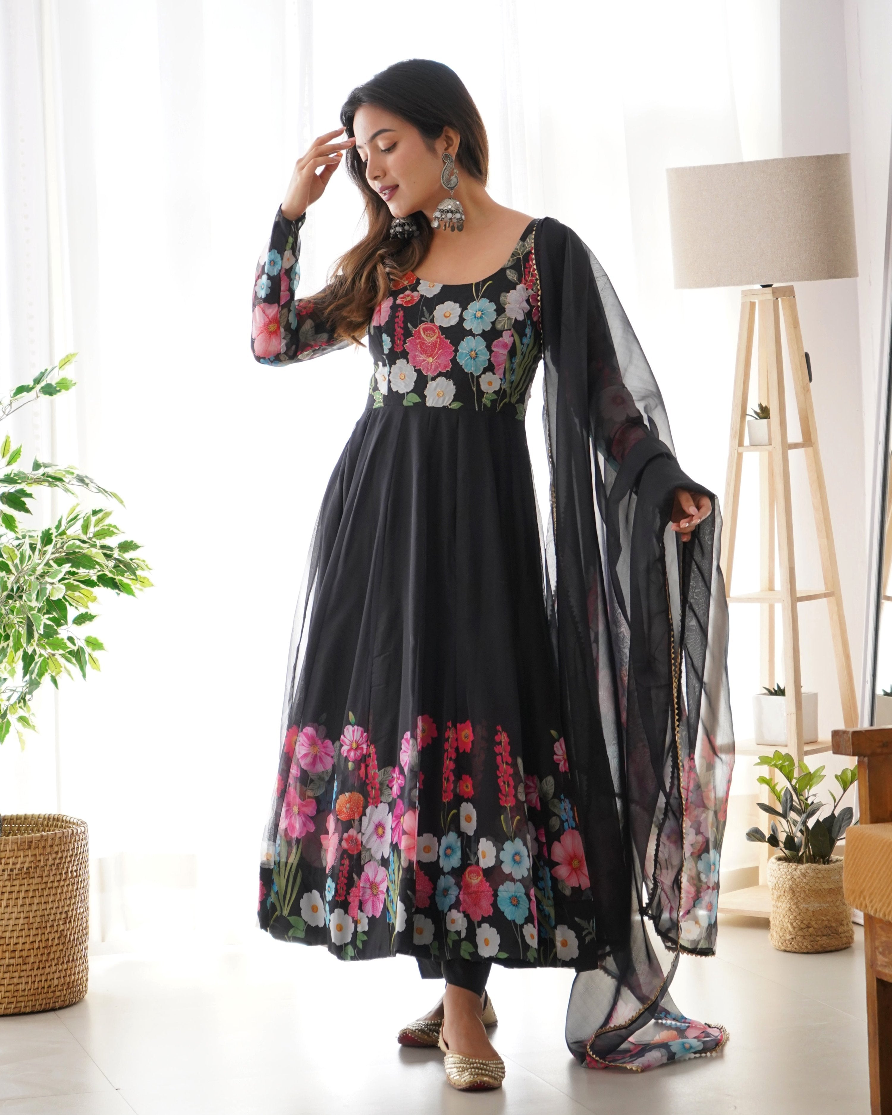 Lehenga Mart Designer Anarkali Suit With Kurta Pant Dupatta For Women-Black