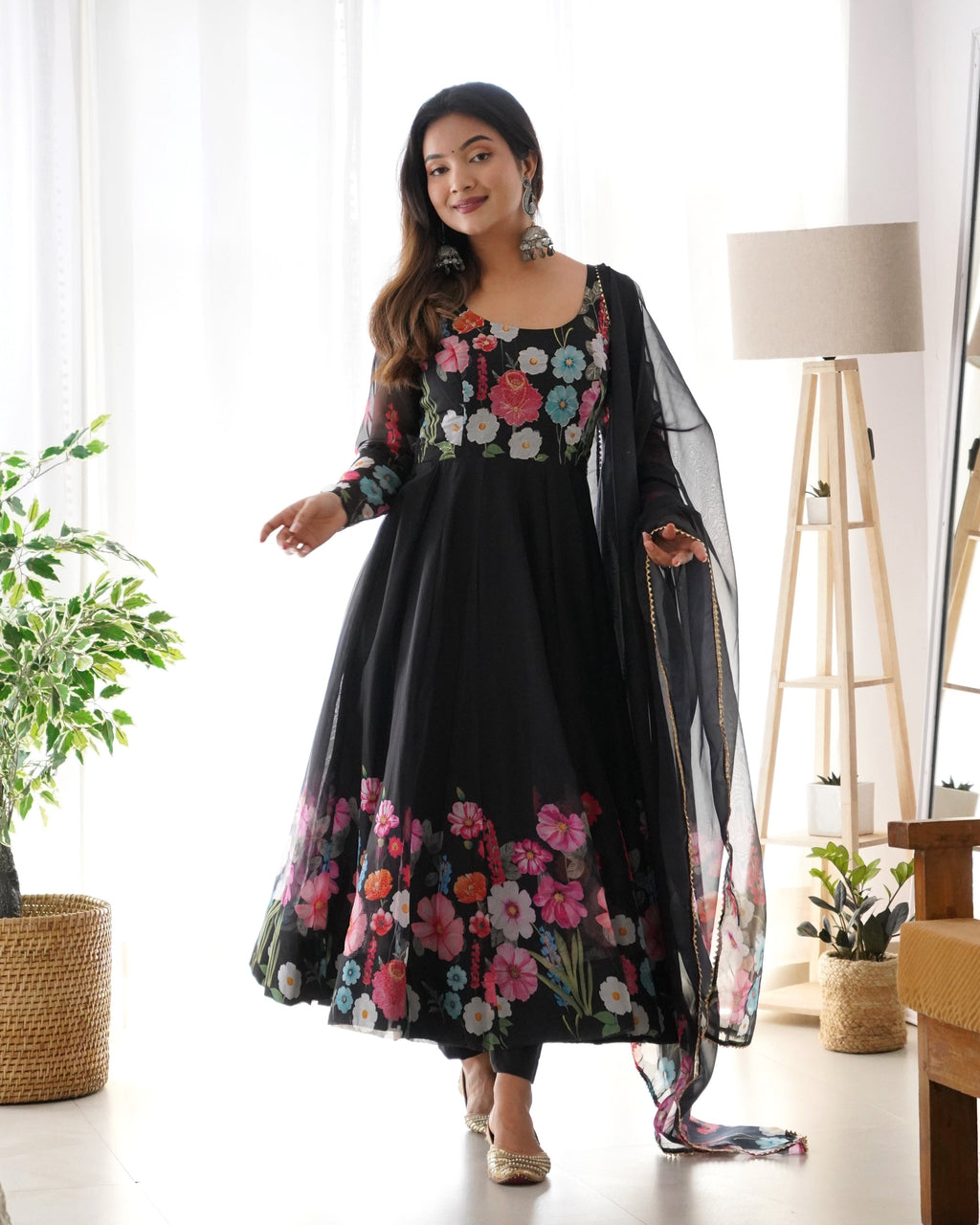 Lehenga Mart Designer Anarkali Suit With Kurta Pant Dupatta For Women-Black