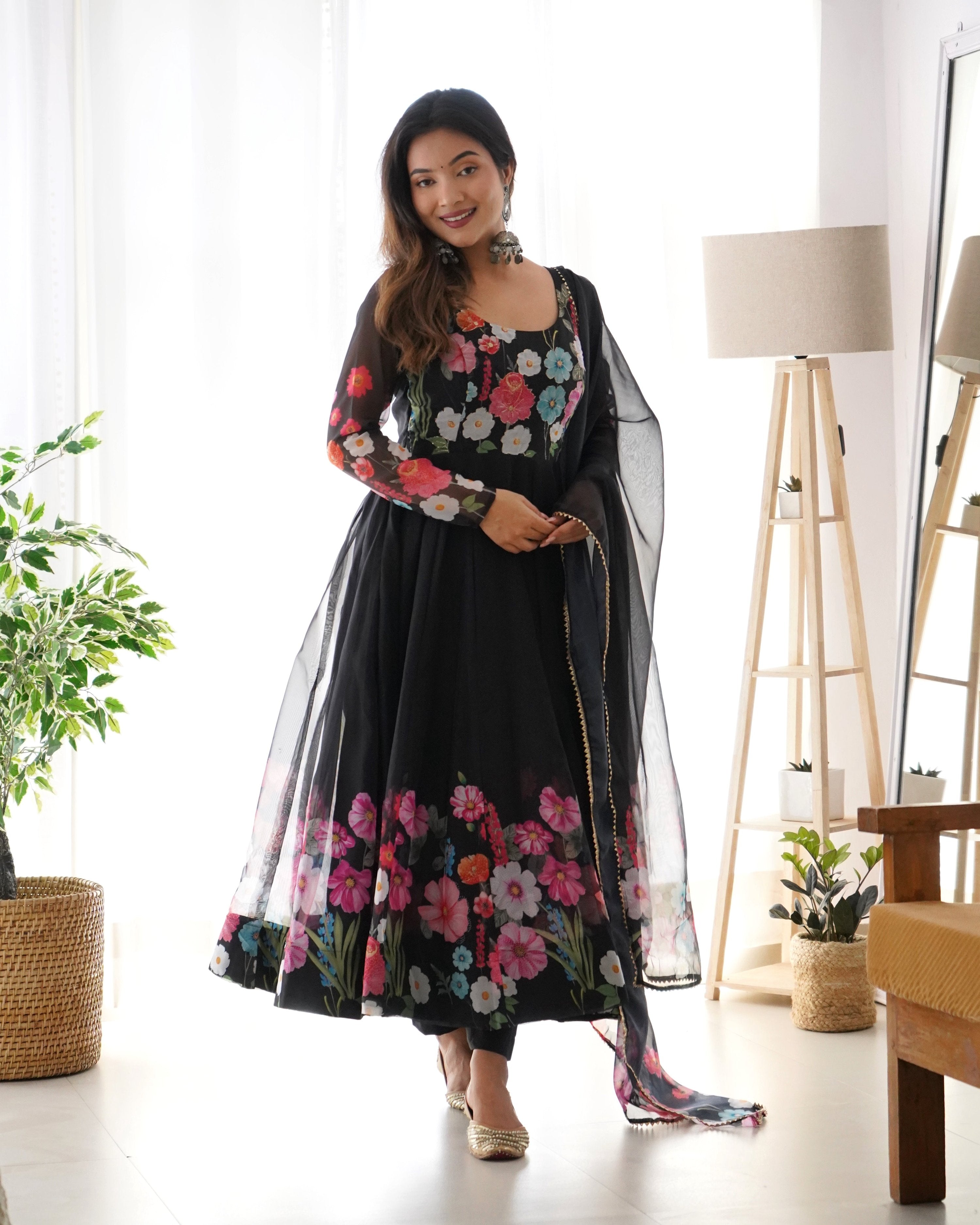 Lehenga Mart Designer Anarkali Suit With Kurta Pant Dupatta For Women-Black