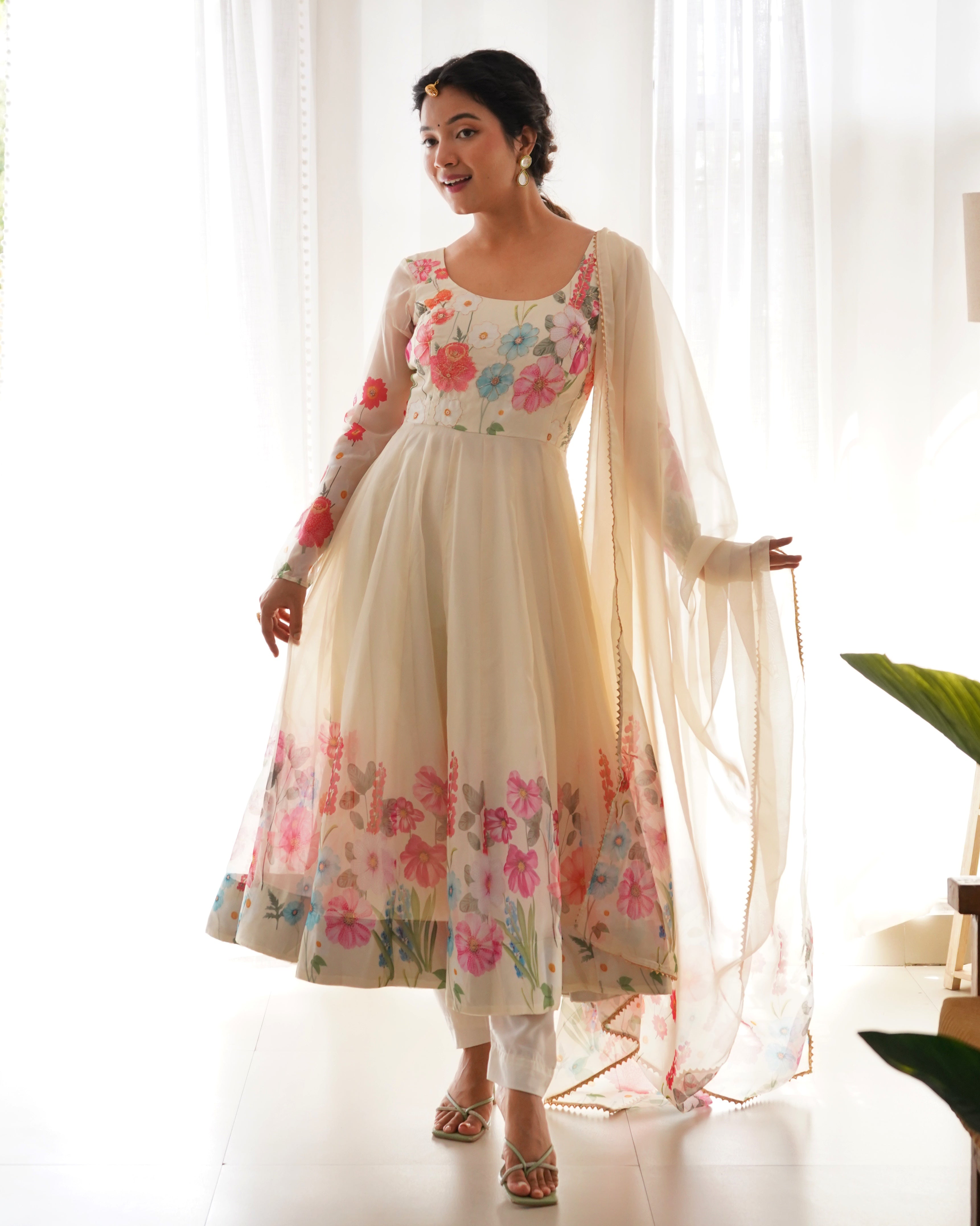 Lehenga Mart Designer Anarkali Suit With Kurta Pant Dupatta For Women-Cream