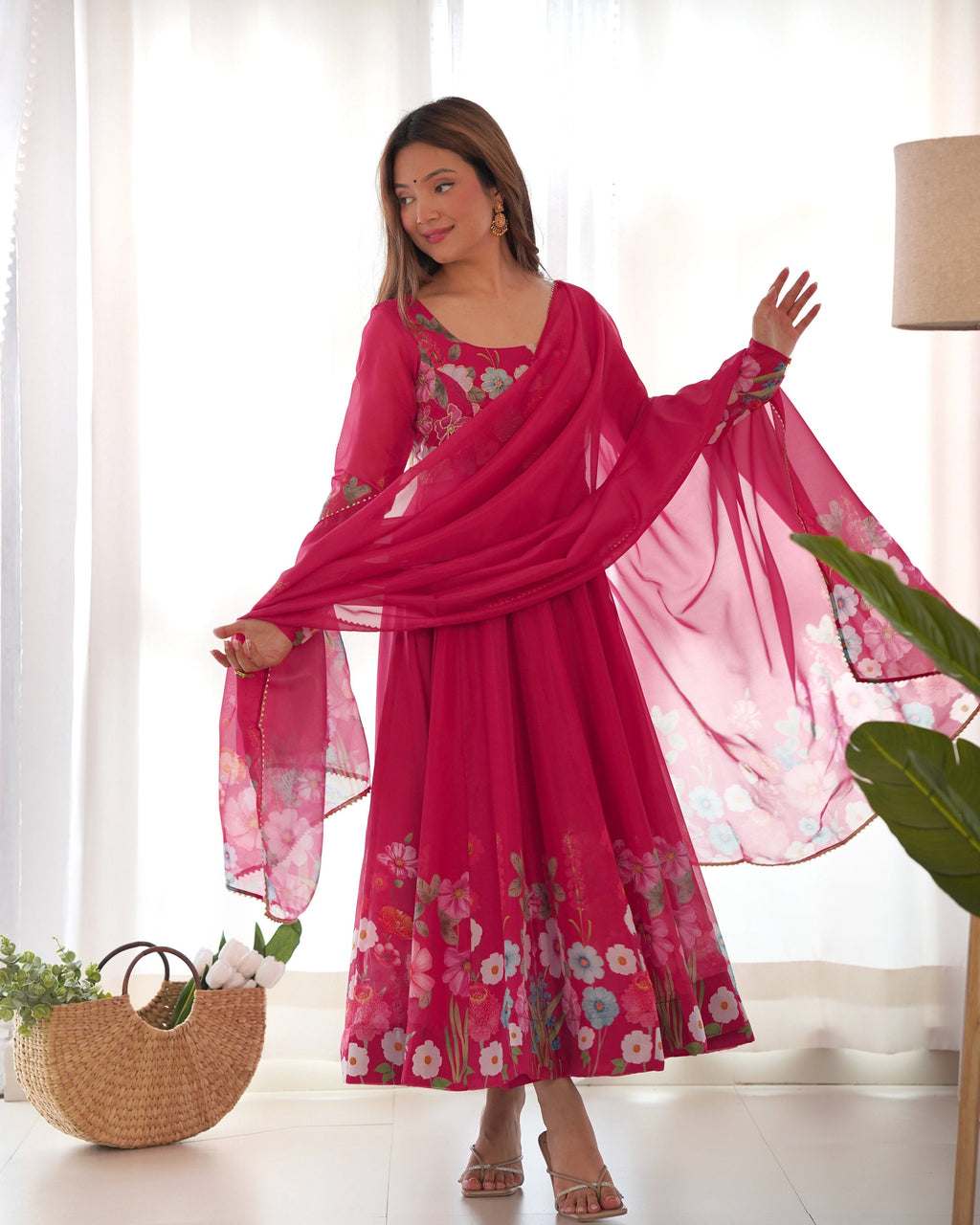 Lehenga Mart Designer Anarkali Suit With Kurta Pant Dupatta For Women-Pink