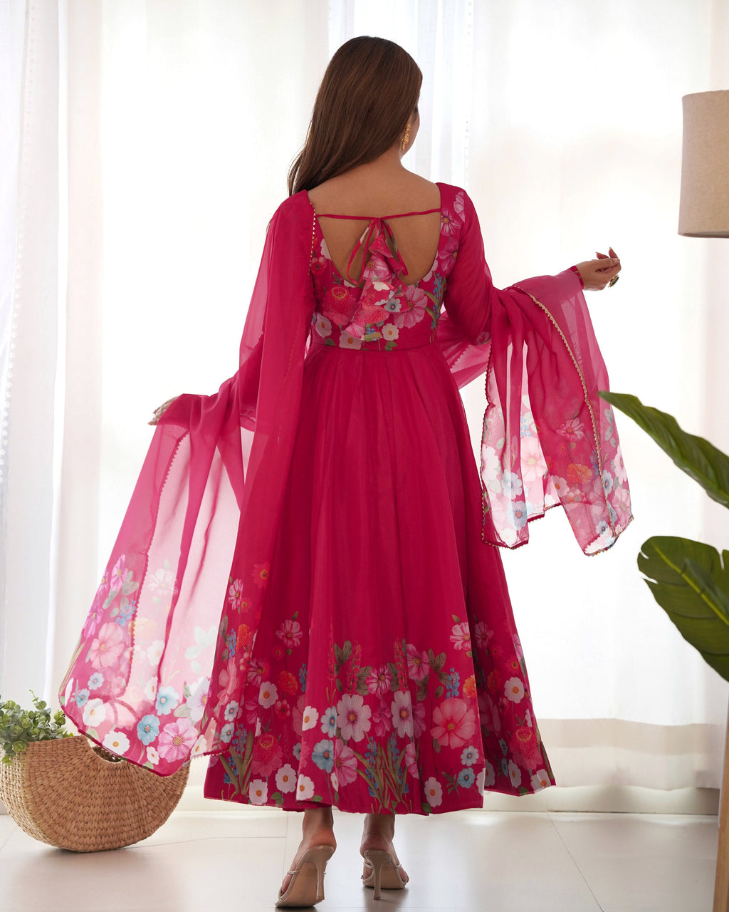 Lehenga Mart Designer Anarkali Suit With Kurta Pant Dupatta For Women-Pink