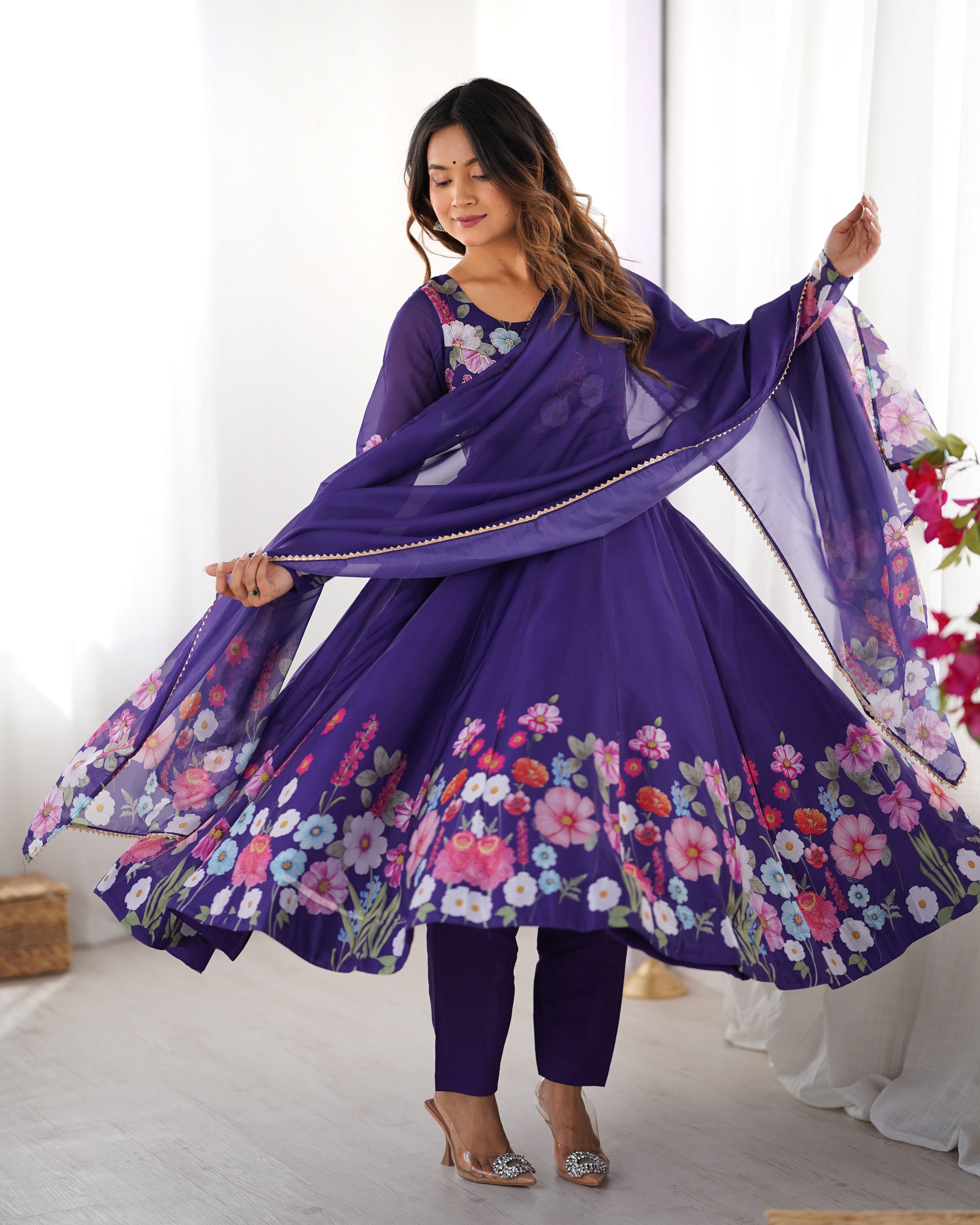 Lehenga Mart Designer Anarkali Suit With Kurta Pant Dupatta For Women-Purple