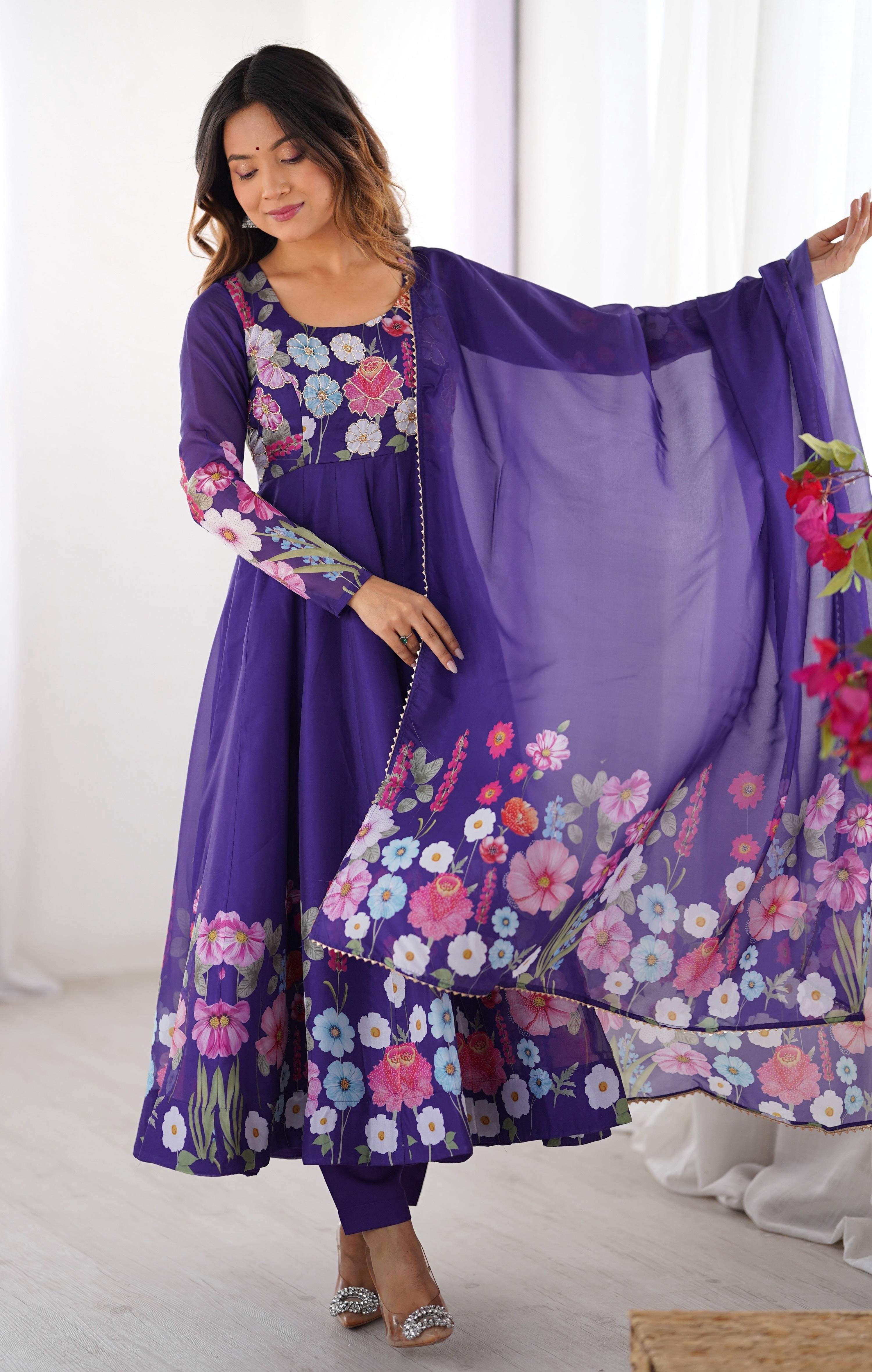 Lehenga Mart Designer Anarkali Suit With Kurta Pant Dupatta For Women-Purple