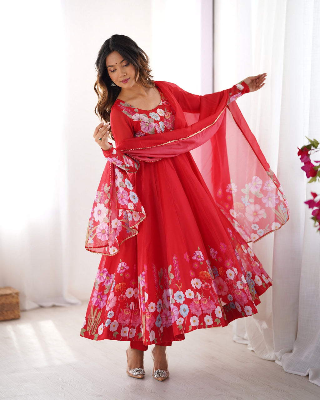 Lehenga Mart Designer Anarkali Suit With Kurta Pant Dupatta For Women-Red