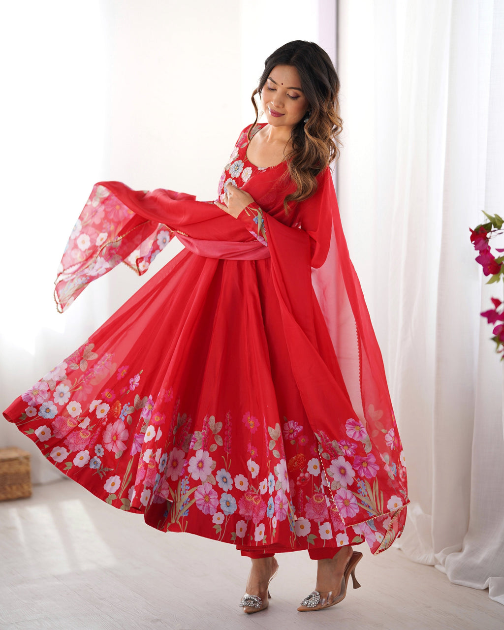 Lehenga Mart Designer Anarkali Suit With Kurta Pant Dupatta For Women-Red
