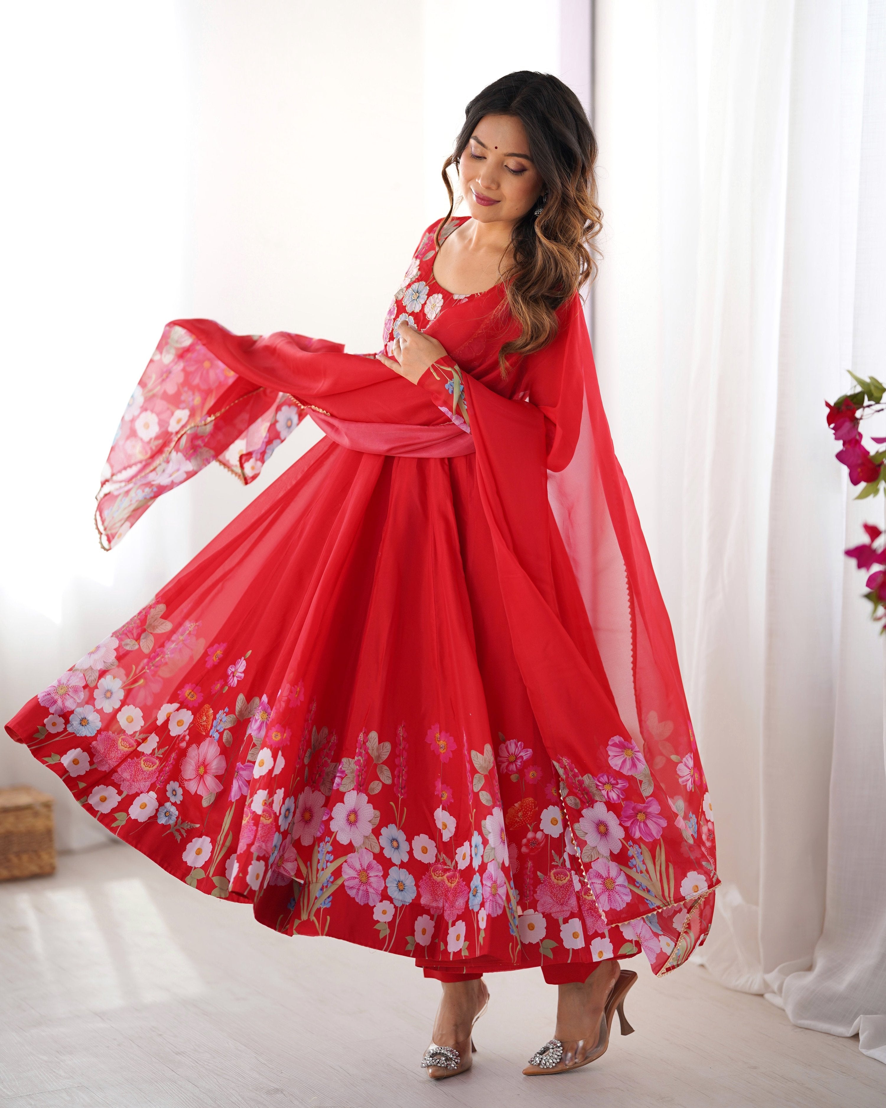 Lehenga Mart Designer Anarkali Suit With Kurta Pant Dupatta For Women-Red