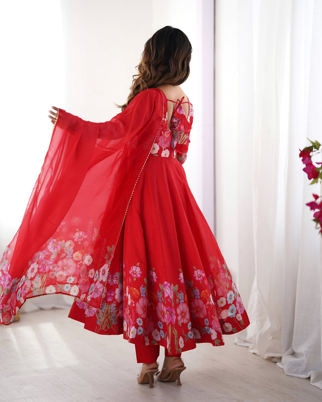 Lehenga Mart Designer Anarkali Suit With Kurta Pant Dupatta For Women-Red