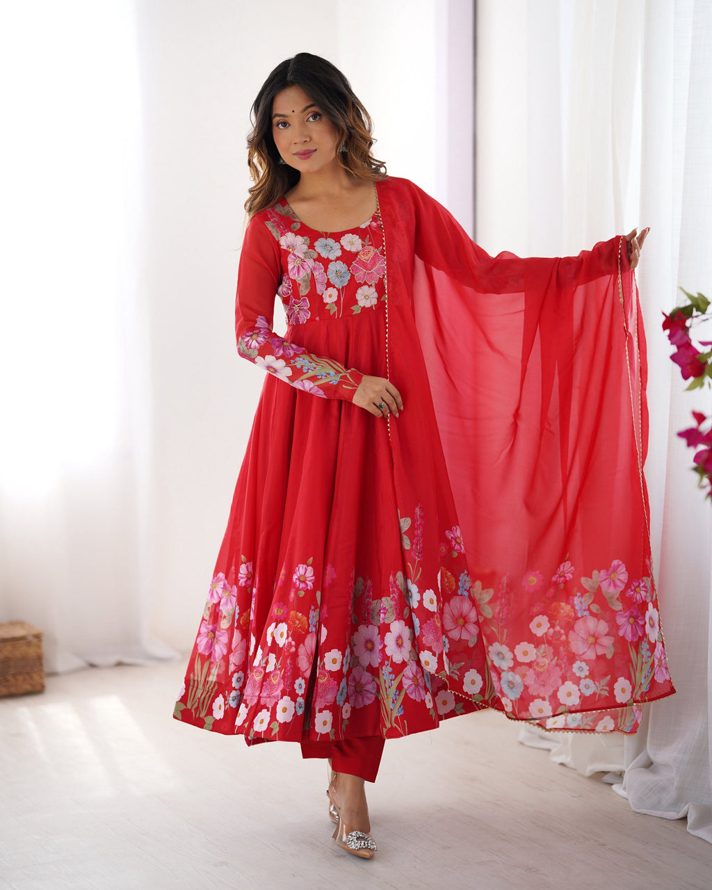 Lehenga Mart Designer Anarkali Suit With Kurta Pant Dupatta For Women-Red