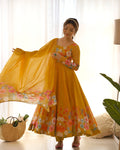 Lehenga Mart Designer Anarkali Suit With Kurta Pant Dupatta For Women-Yellow