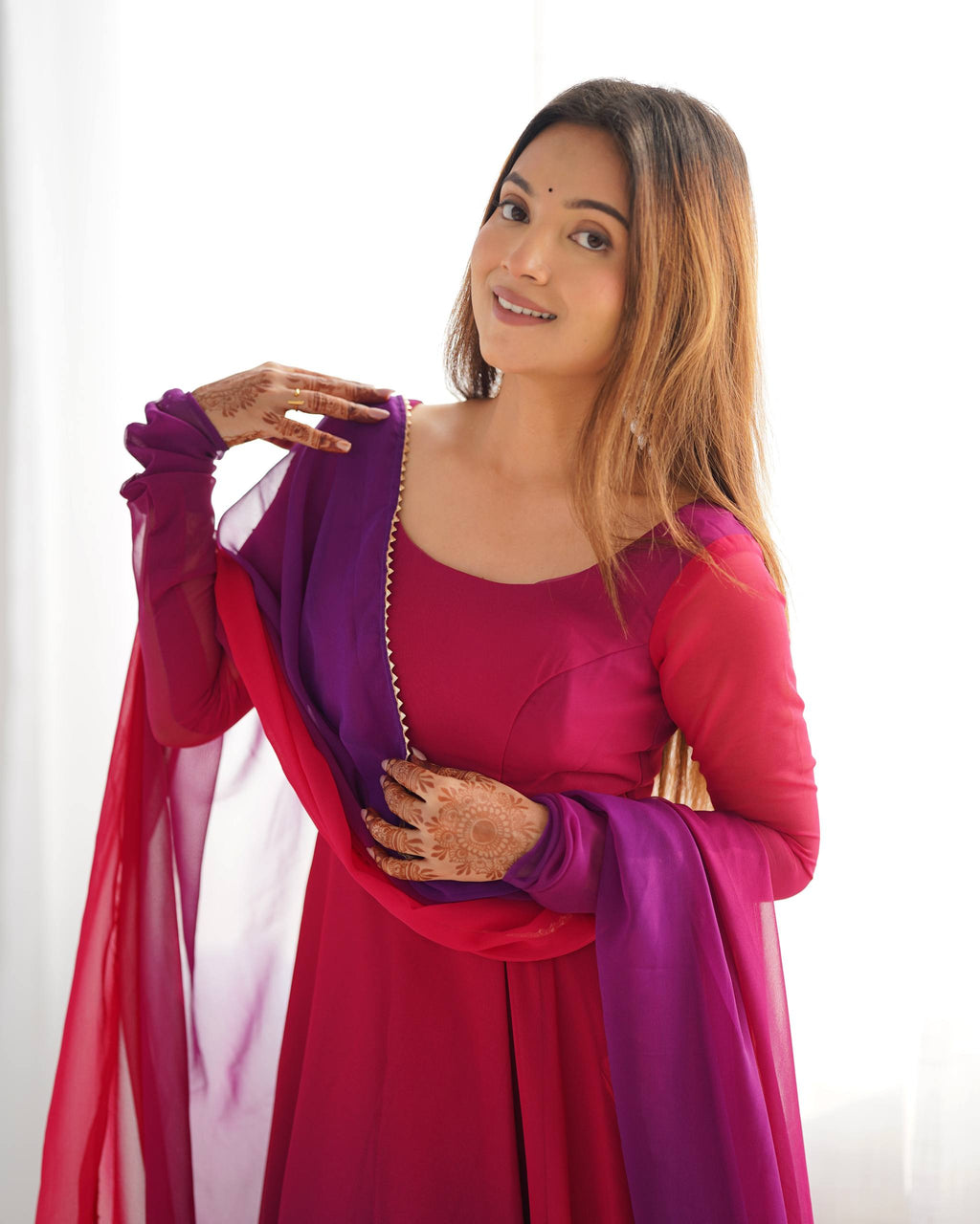 Lehenga Mart Designer Anarkali Suit With Kurta Pant Dupatta For Women-Dark Pink
