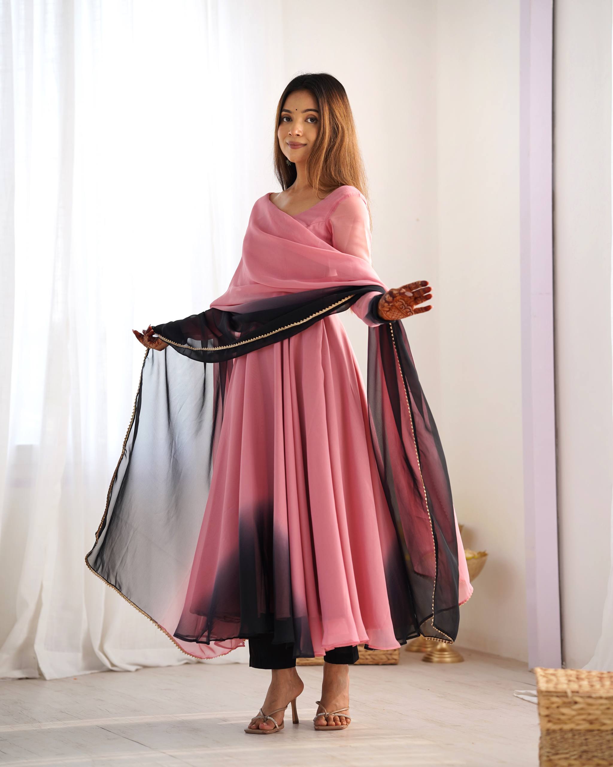 Lehenga Mart Designer Anarkali Suit With Kurta Pant Dupatta For Women-Onion Pink