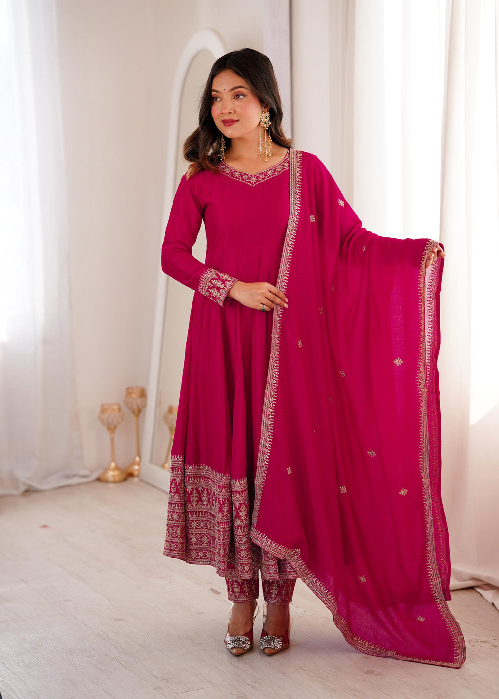 Lehenga Mart Designer Anarkali Suit With Kurta Pant Dupatta For Women-Pink