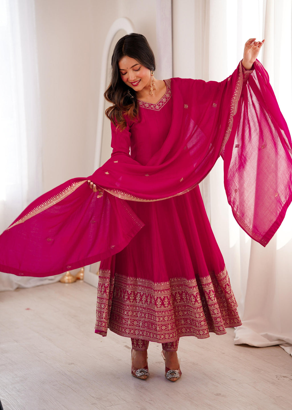 Lehenga Mart Designer Anarkali Suit With Kurta Pant Dupatta For Women-Pink
