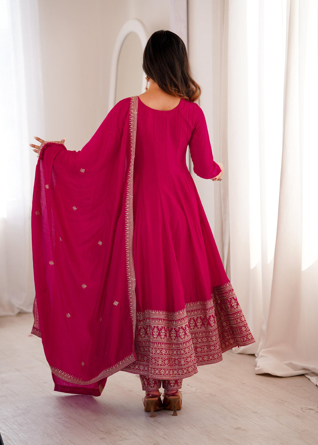 Lehenga Mart Designer Anarkali Suit With Kurta Pant Dupatta For Women-Pink