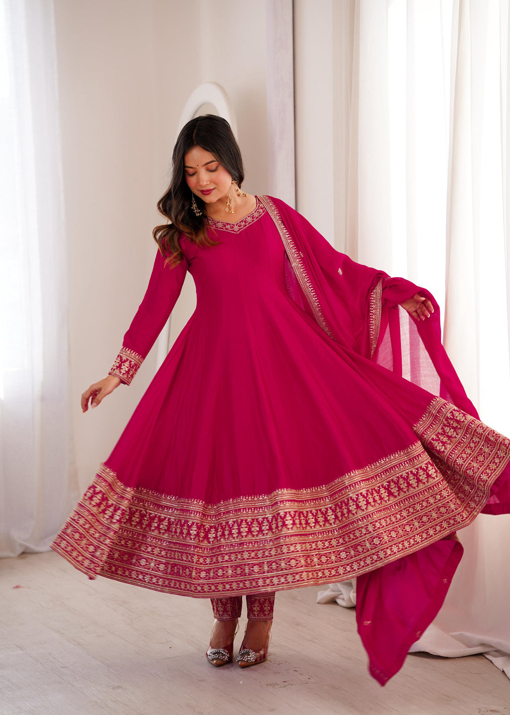 Lehenga Mart Designer Anarkali Suit With Kurta Pant Dupatta For Women-Pink