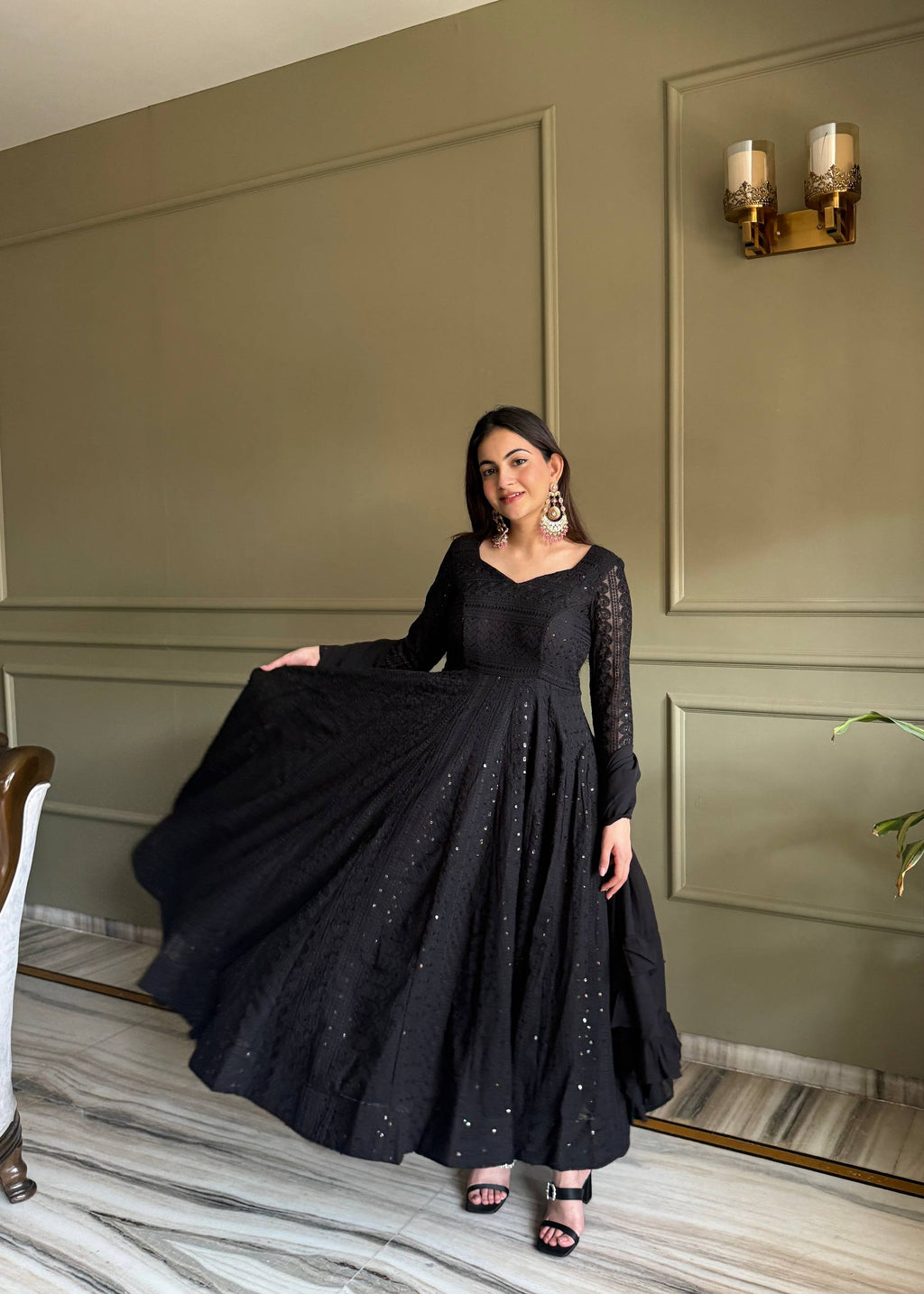 Lehenga Mart Designer Anarkali Suit With Kurta Pant Dupatta For Women-Black