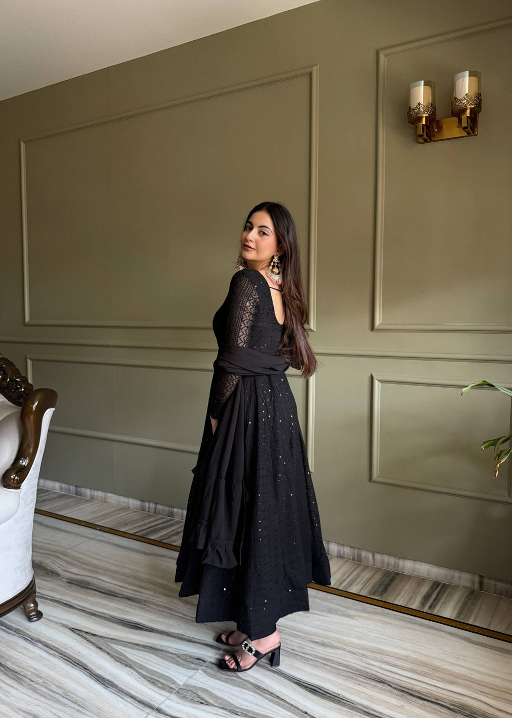 Lehenga Mart Designer Anarkali Suit With Kurta Pant Dupatta For Women-Black