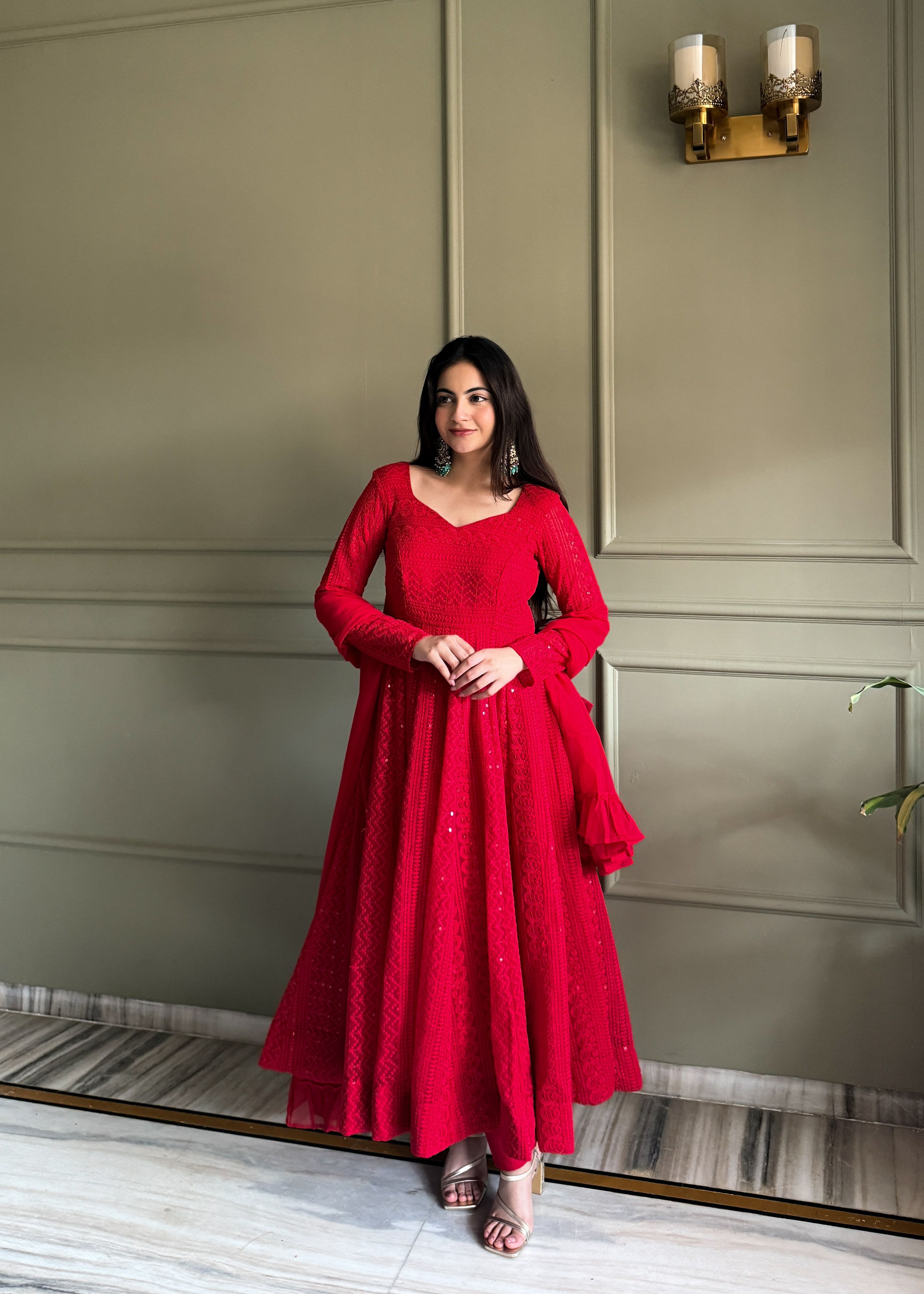 Lehenga Mart Designer Anarkali Suit With Kurta Pant Dupatta For Women-Red