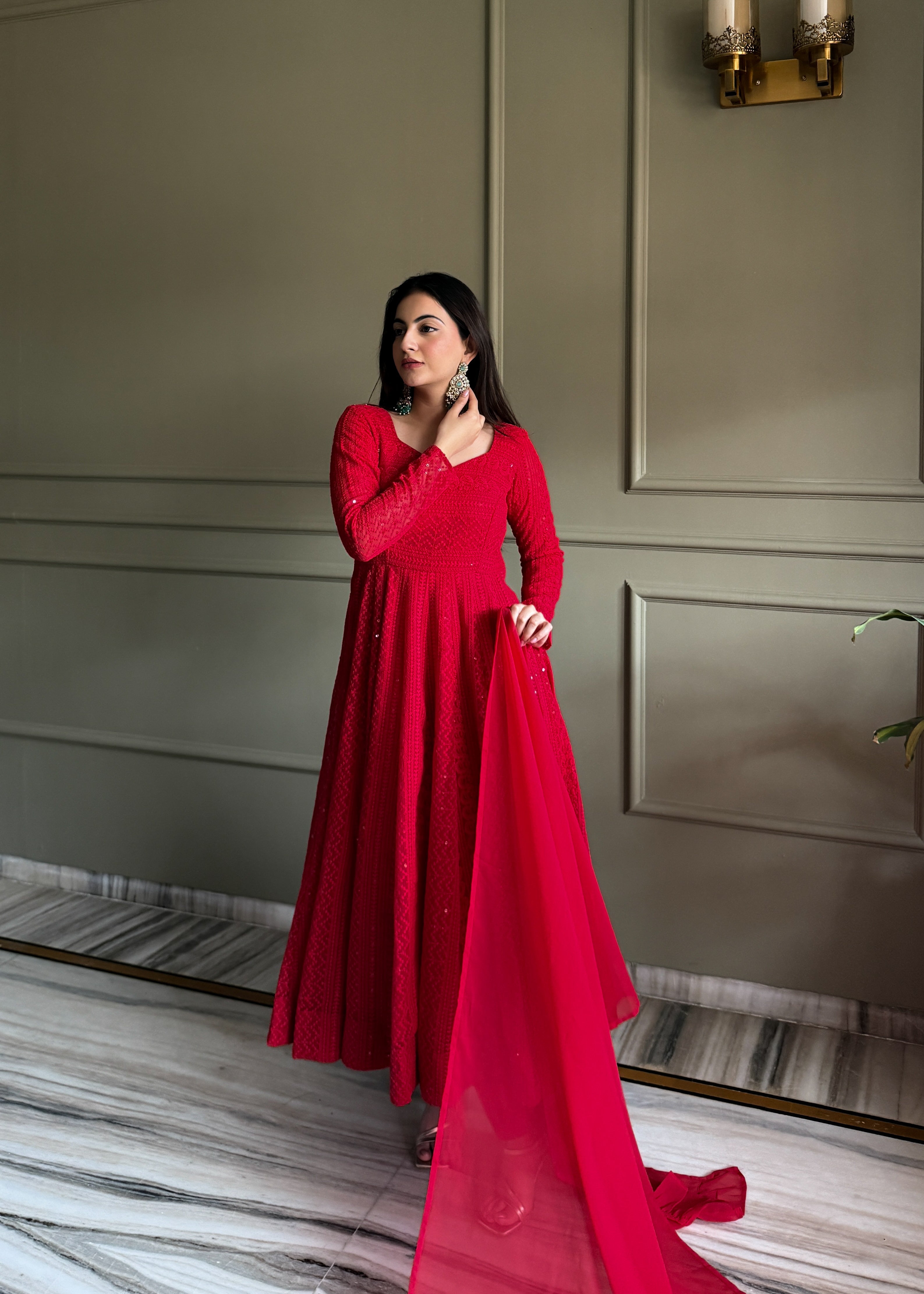 Lehenga Mart Designer Anarkali Suit With Kurta Pant Dupatta For Women-Red