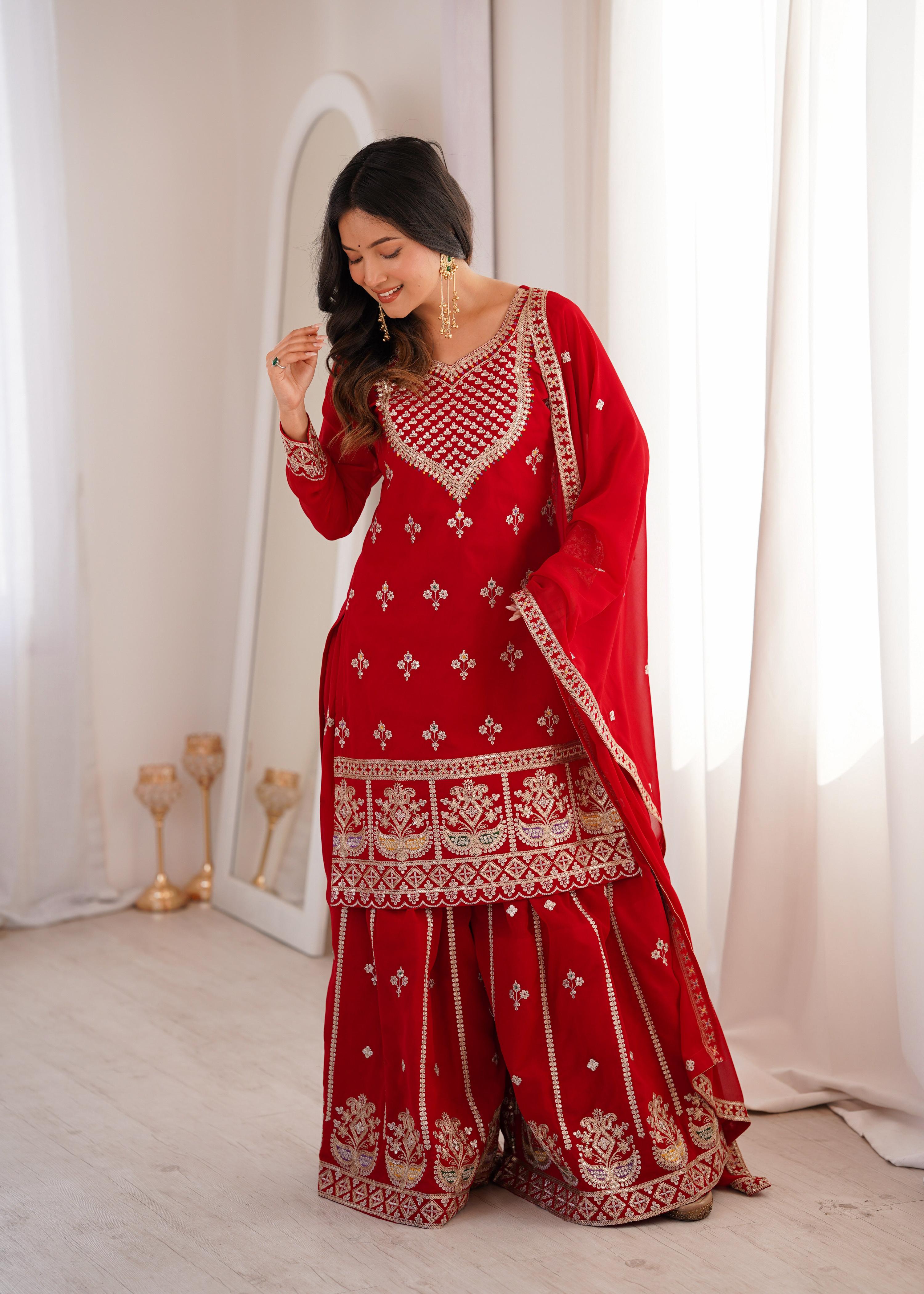 Lehenga Mart Designer Sharara Suit With Kurta Sharara Dupatta For Women-Red