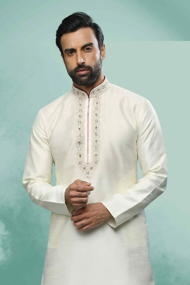 Raivat Ethnic Art Silk Mirror Embroidery Work Kurta Pajama In Cream Colour