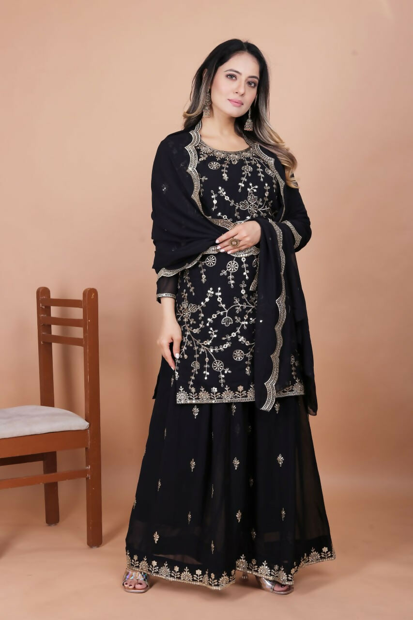 Joban Fashion Black Georgette Embroidered Sharara Set