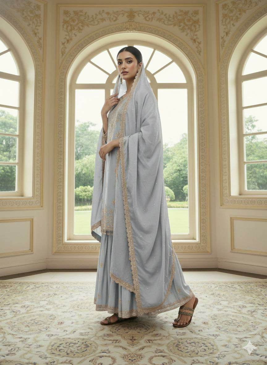 Teeya Creation Grey Color Chinnon Silk Embroidery Work Wedding Wear Salwar Suit