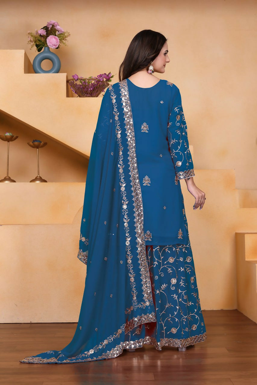 Teeya Creation Blue Color Faux Georgette Embroidery Work Wedding Wear Palazzo Set