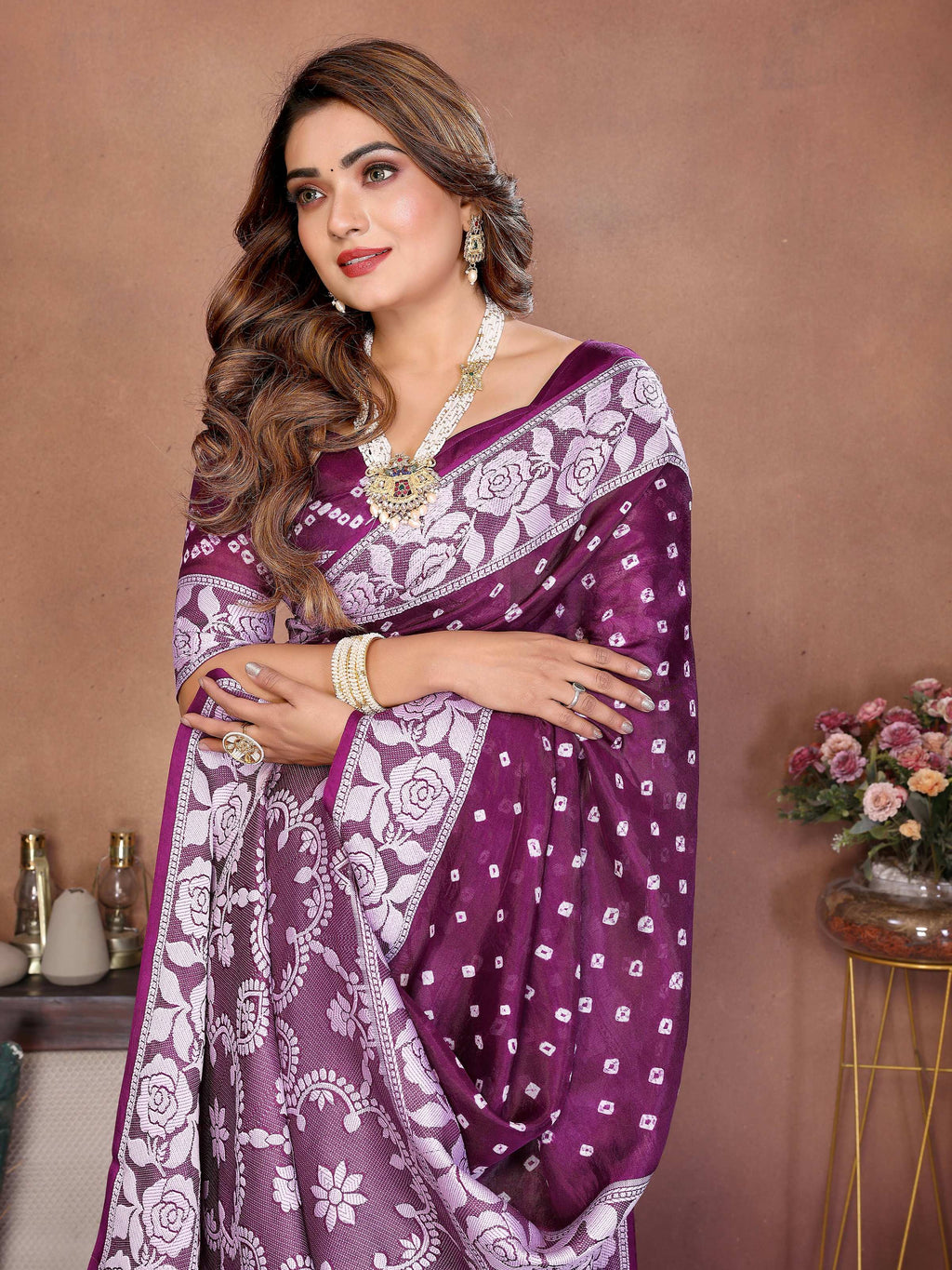 Aastha Fashion Wine Viscose Silk Handmade Original Bandhej Saree