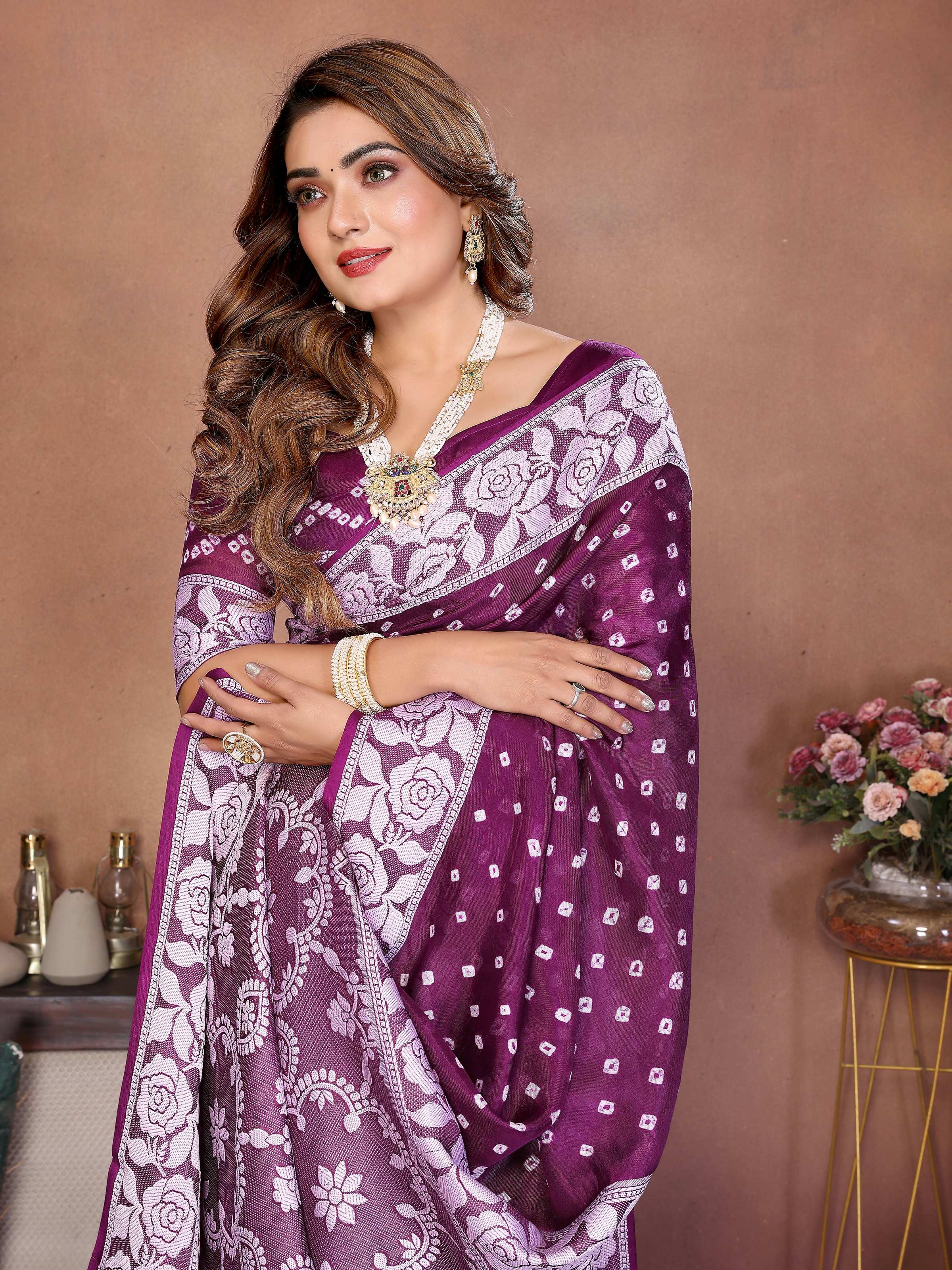 Aastha Fashion Wine Viscose Silk Handmade Original Bandhej Saree