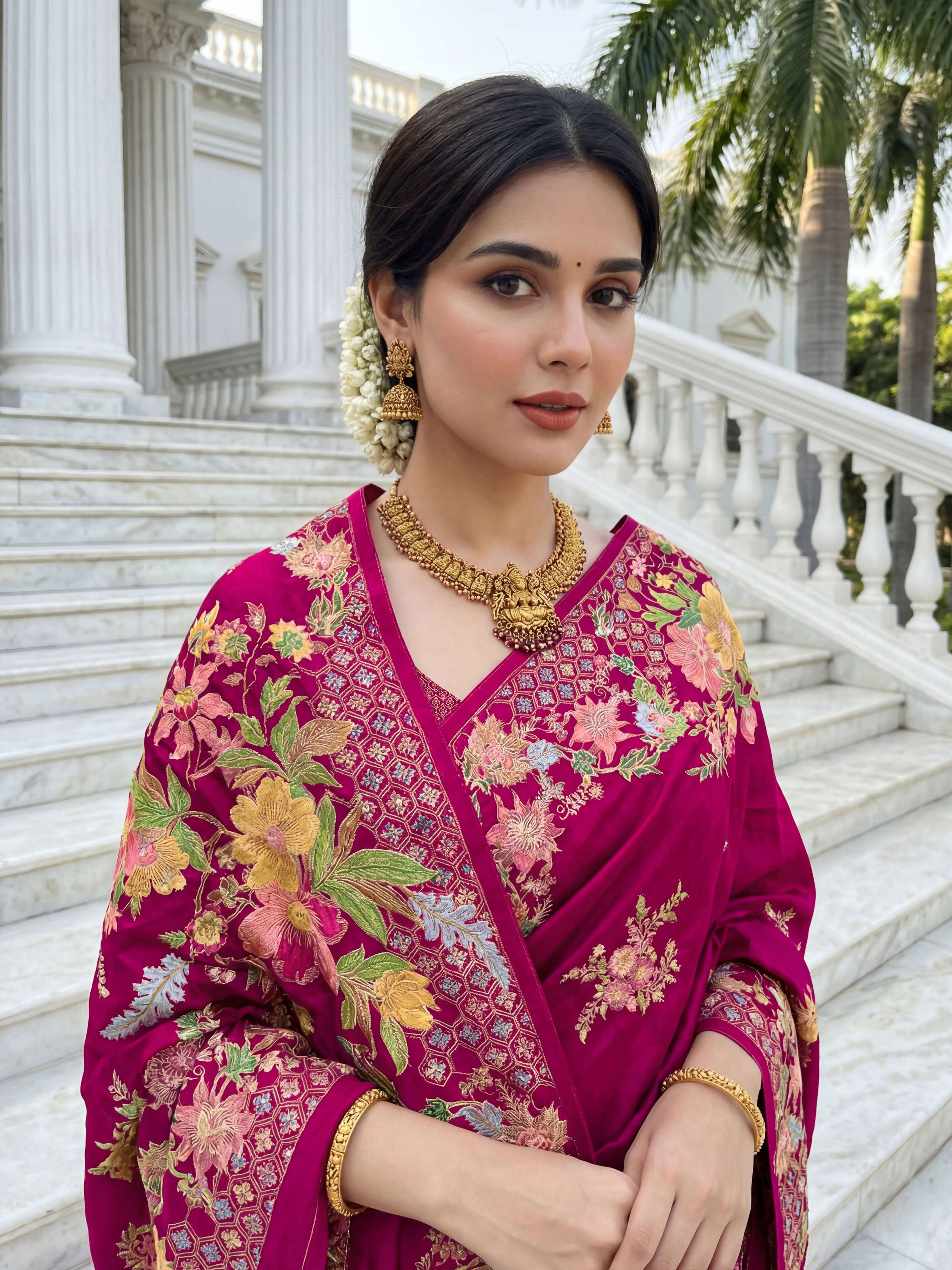 Aastha Fashion Rani Pink Premium Russian Silk Designer Floral Position Print Saree