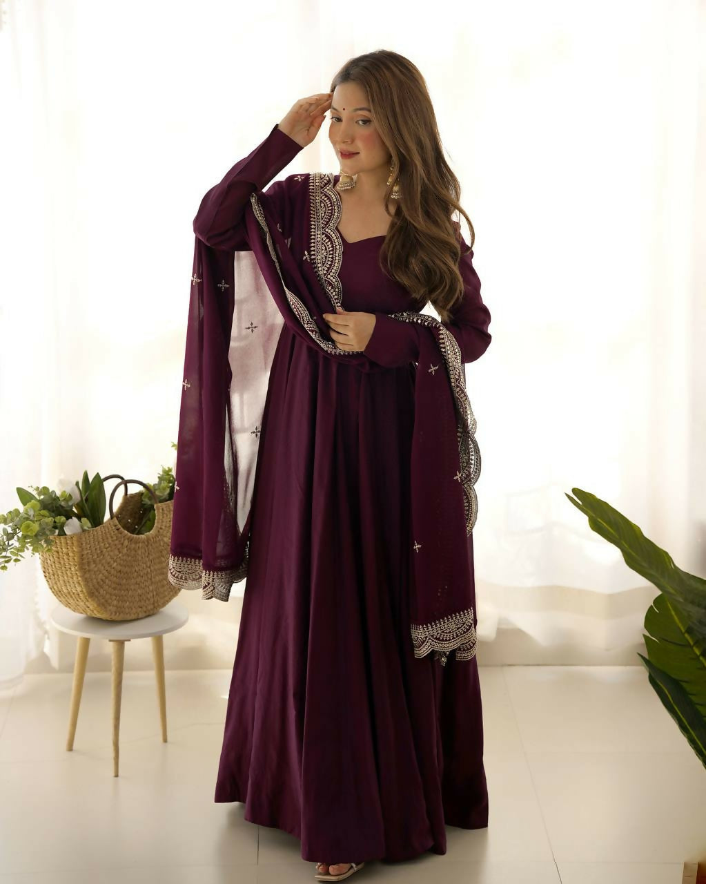 Lehenga Mart Designer Anarkali Suit With Kurta, Pant, Dupatta For Women-Wine