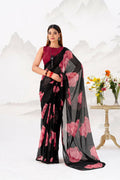 Vastranavya Black Floral Print with Lace Border work Chiffon Saree & Unstitched Blouse