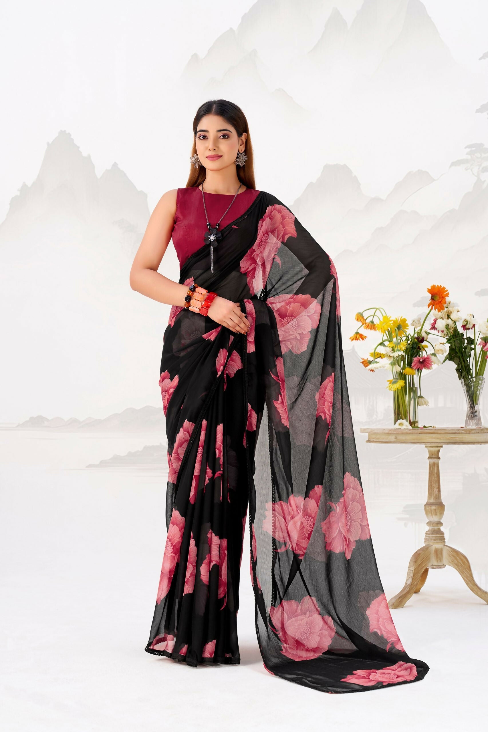Vastranavya Black Floral Print with Lace Border work Chiffon Saree & Unstitched Blouse