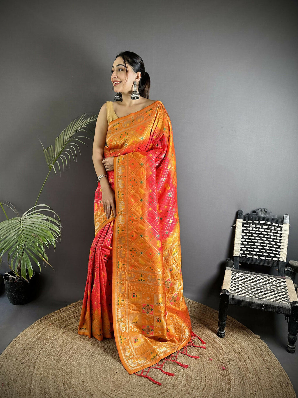 Joban Fashion Pastel Orange Geometric Pattern Soft Silk Patola Saree