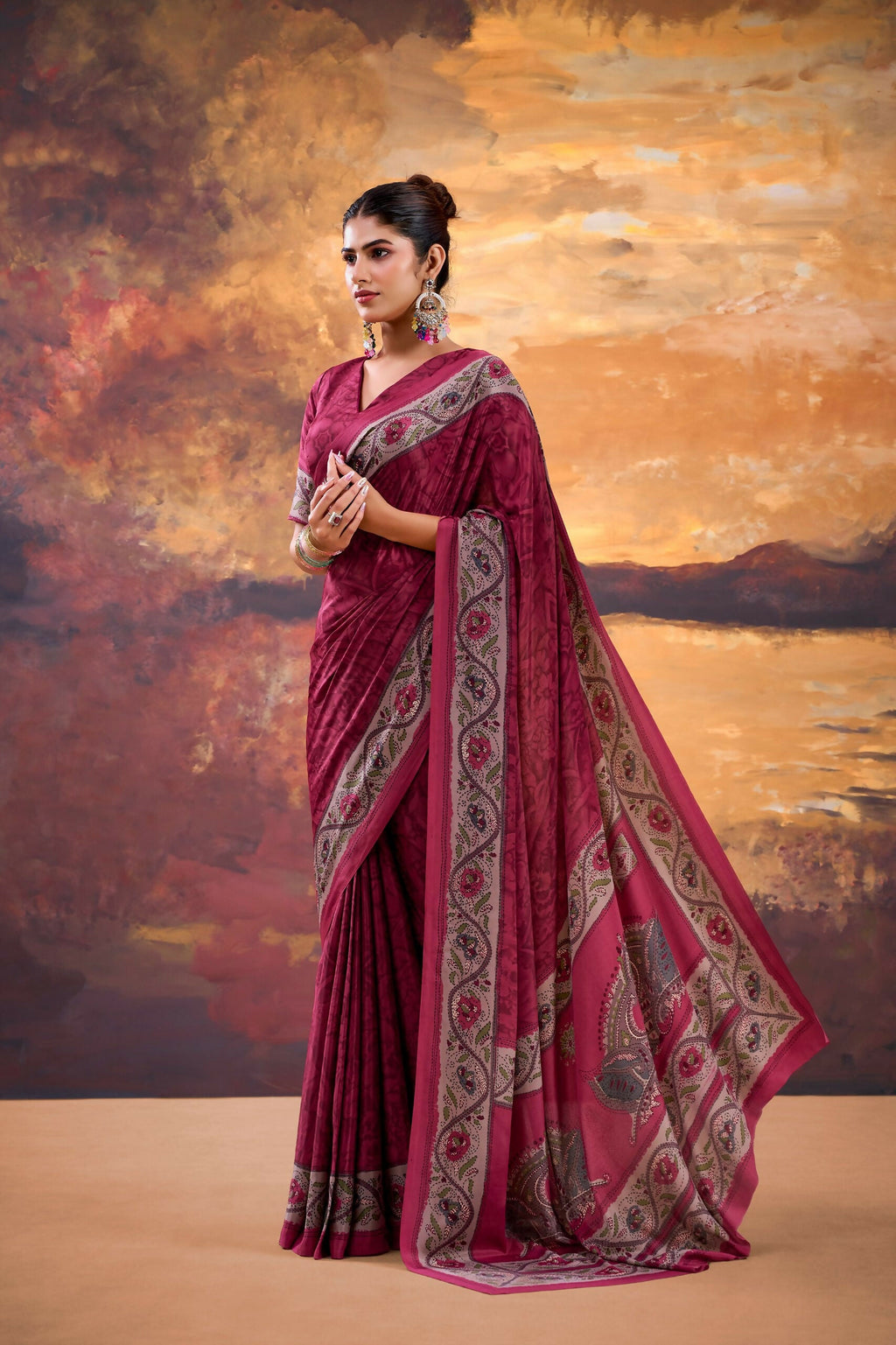 Vastranavya Pink Crepe Printed Saree with Unstitched Blouse