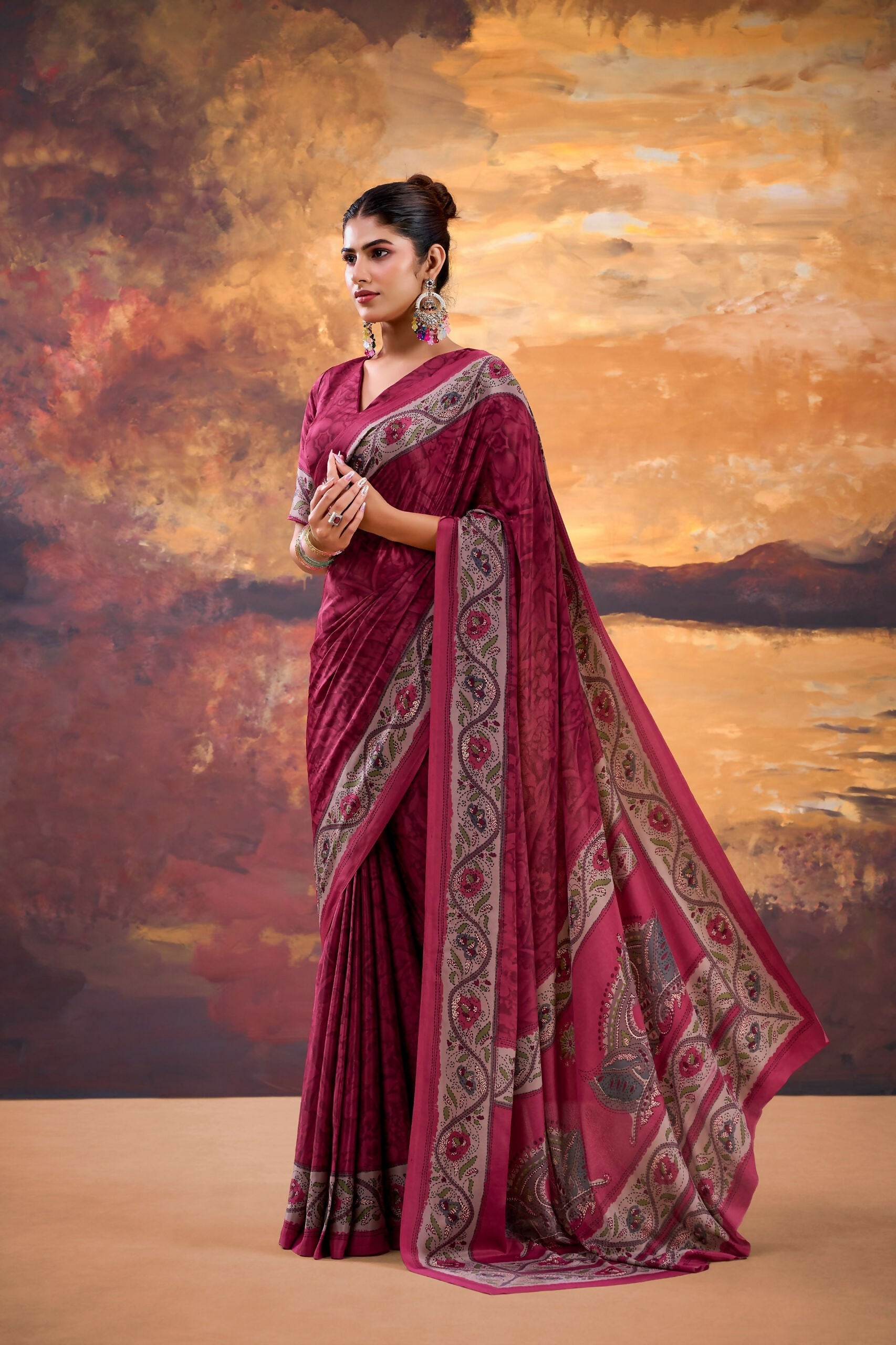 Vastranavya Pink Crepe Printed Saree with Unstitched Blouse