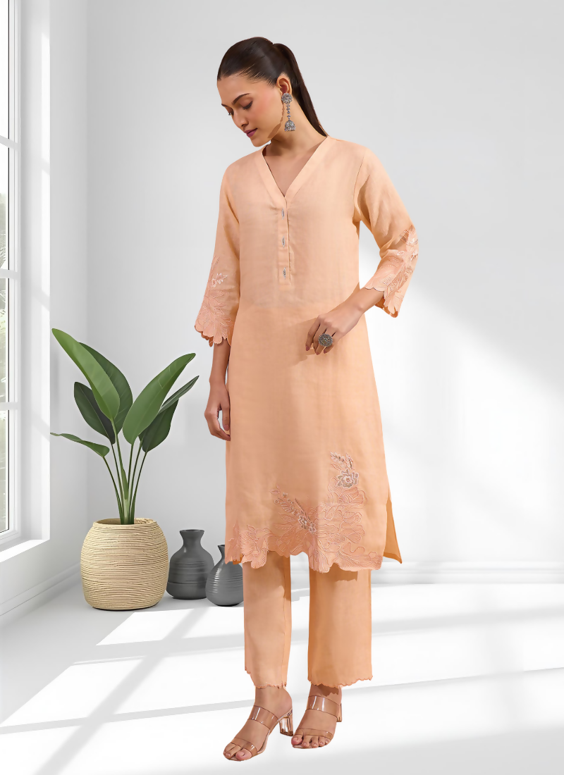 Joban Fashion Coral Linen Embroidered Readymade Long Kurta With Pant