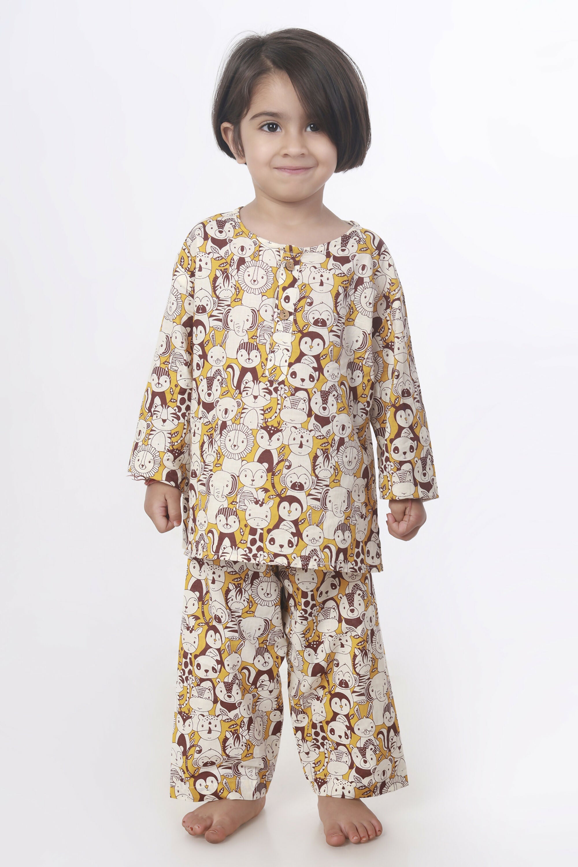 Breathables Sunny Yellow Animal Print Cotton Night Suit For Kids