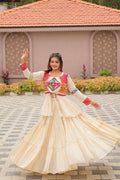 Teeya Creation Womens New Stylish Heavy Gamthi Work With Mirror Lace Work Cream Gown Set