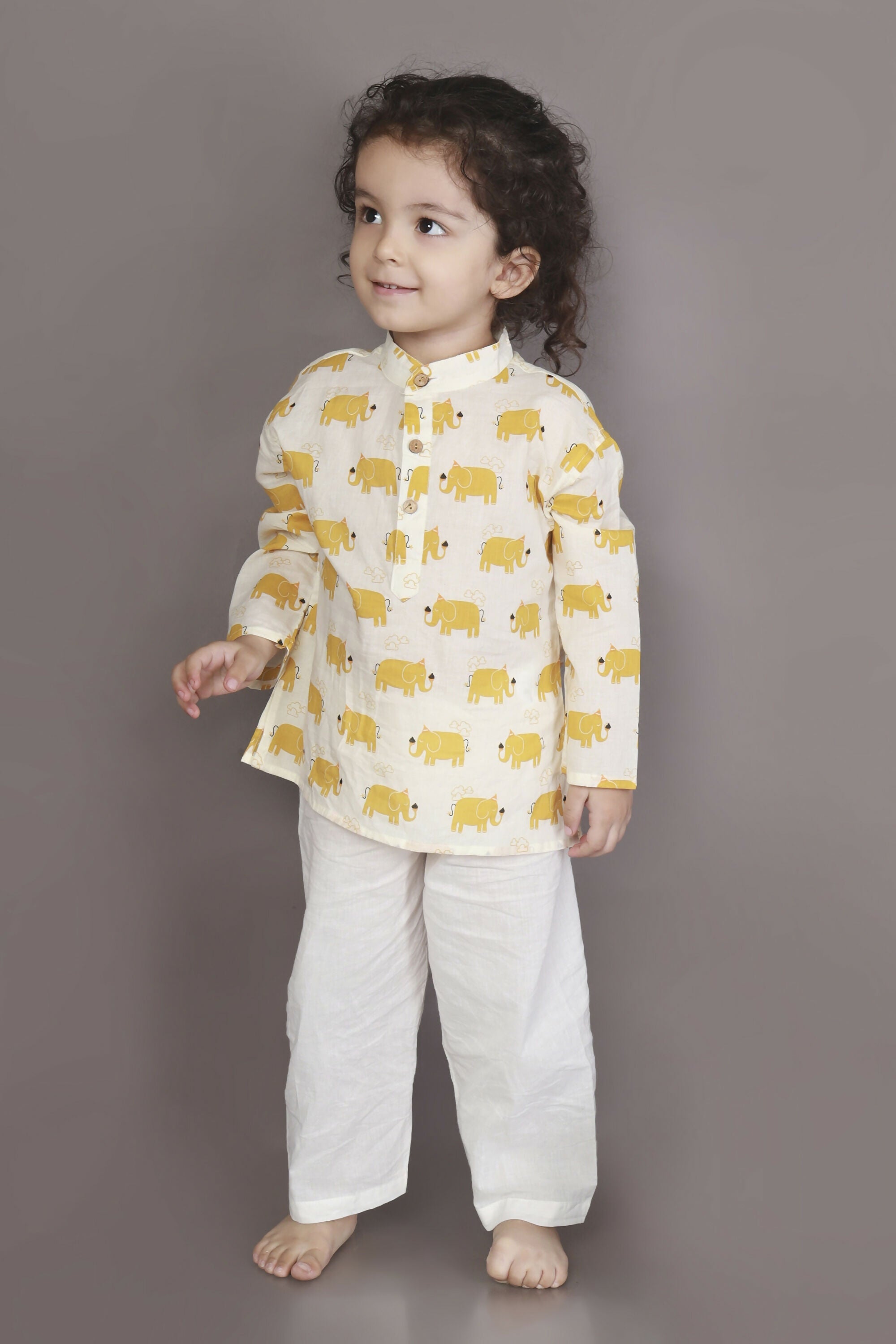 Breathables Kids Cotton Night Suit – Yellow Elephant Print Kurta & Pyjama Co-Ord Set For Boys & Girls