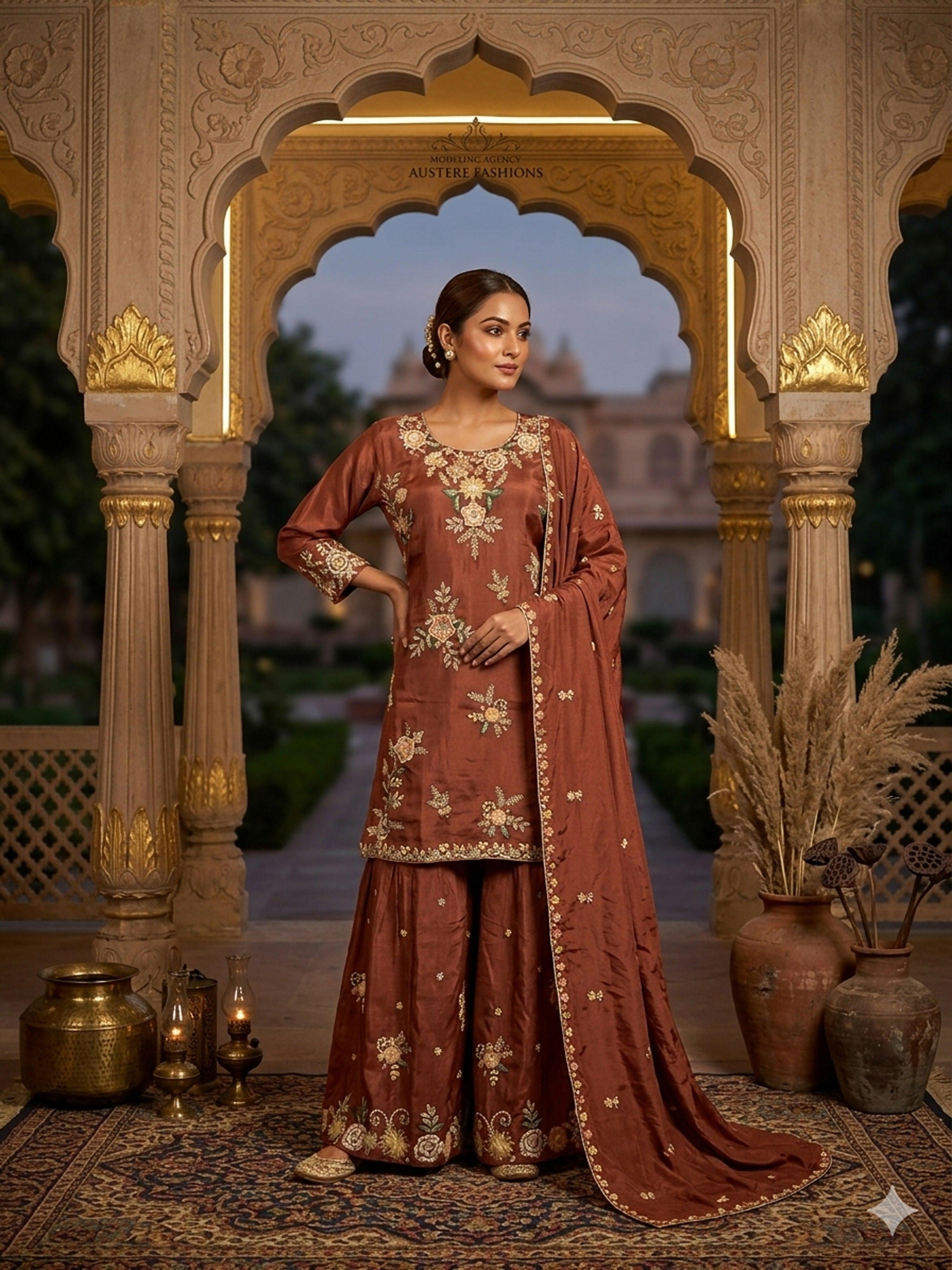 Stylish Designer Stitched Beat Pure Viscose Crepe Embroidery Hand Work Stitched Sharara Suit - Anbazaar