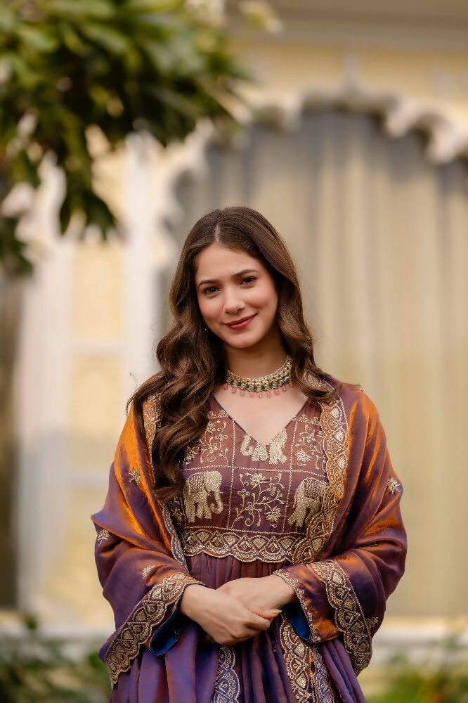 Teeya Creation Wine Primium Fendy Satin Silk Embroidery Work Wedding Wear Gown