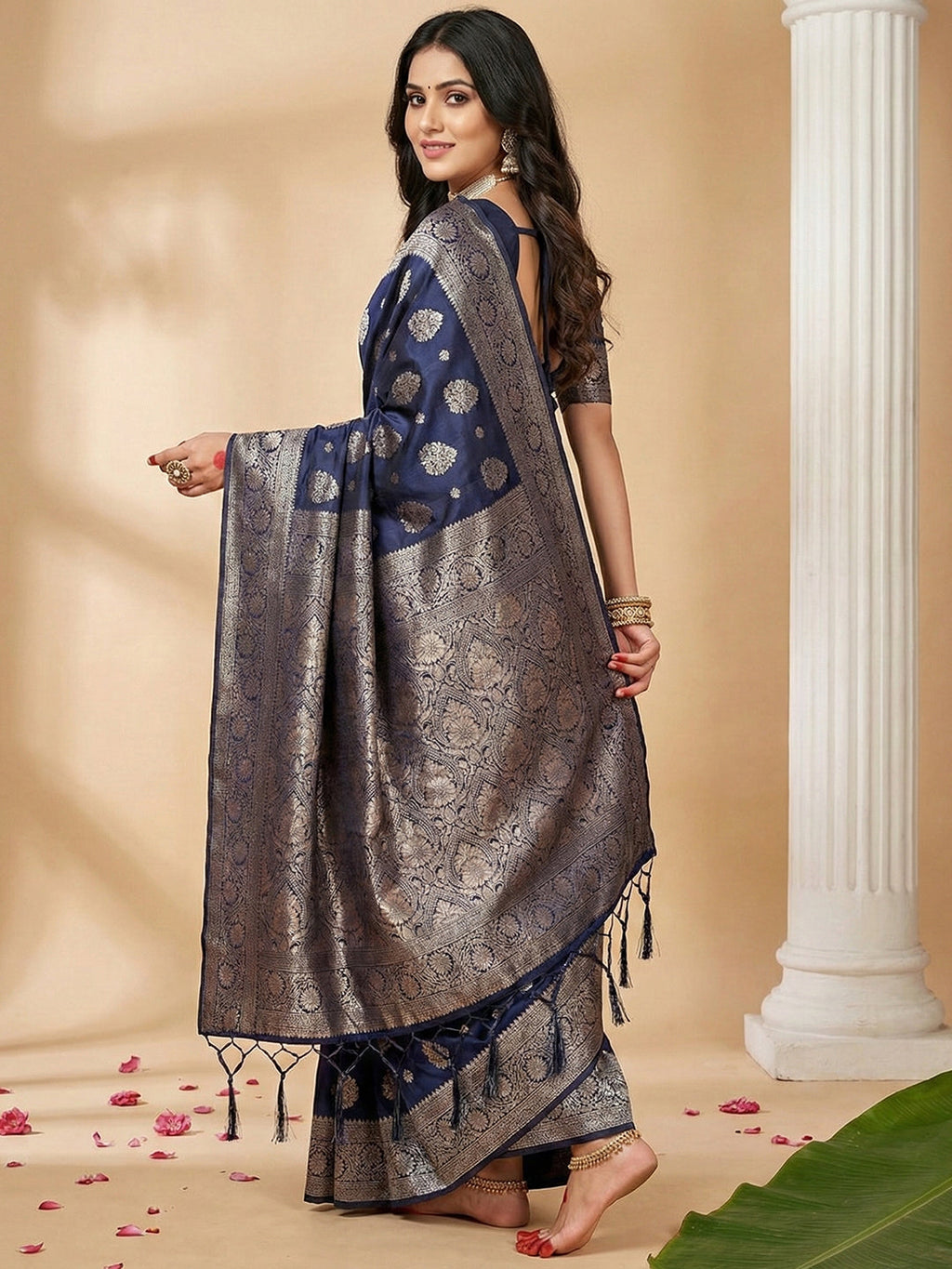 Anaita Navy Silk Blend Woven Saree With Blouse
