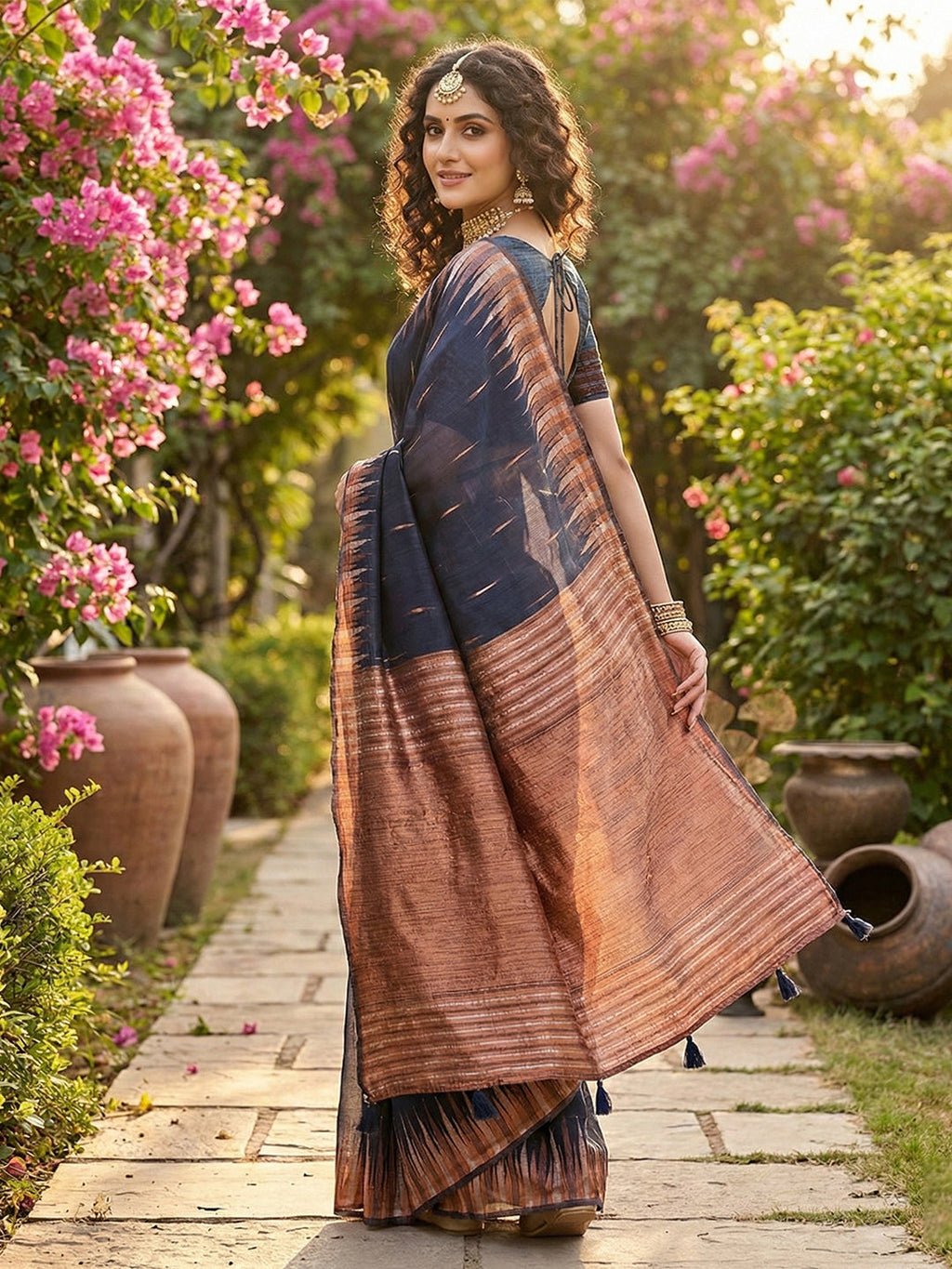 Anaita Navy Linen Woven Work Saree With Blouse