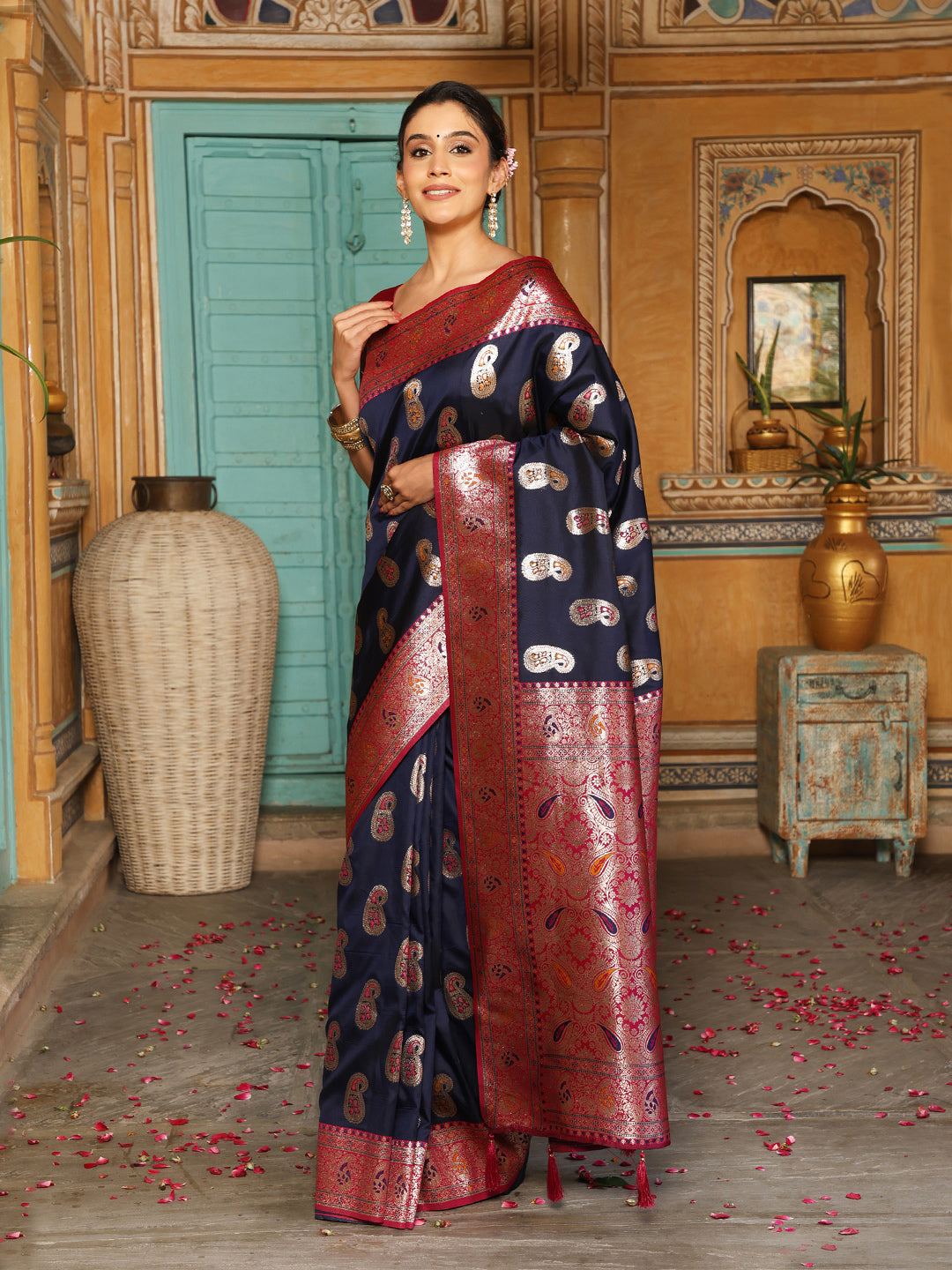 Anaita Navy Silk Woven Saree With Blouse