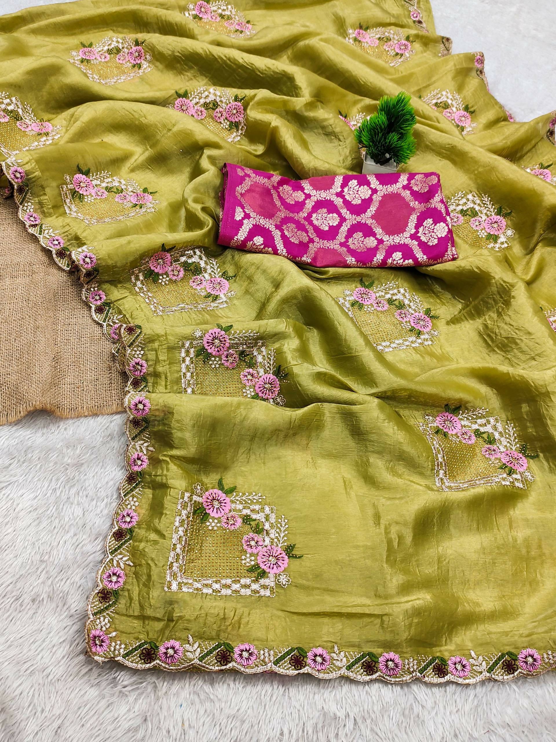 Teeya Creation Olive Color Pure Paper Silk Heavy Embroidery Work Wedding Wear Saree