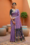 Vastranavya Lavender Muga Cotton Meenakari & Azarakh Pallu Saree with Contrast Blouse