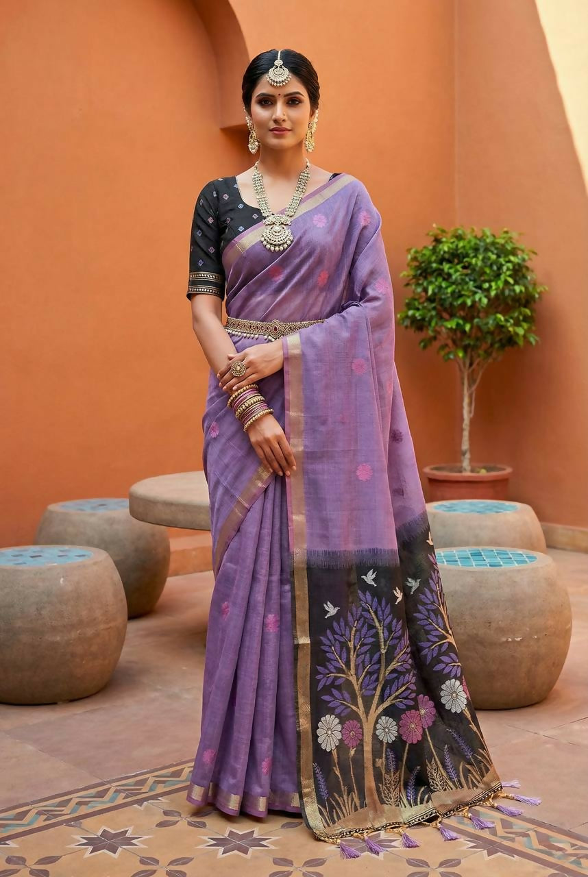Vastranavya Lavender Muga Cotton Meenakari & Azarakh Pallu Saree with Contrast Blouse